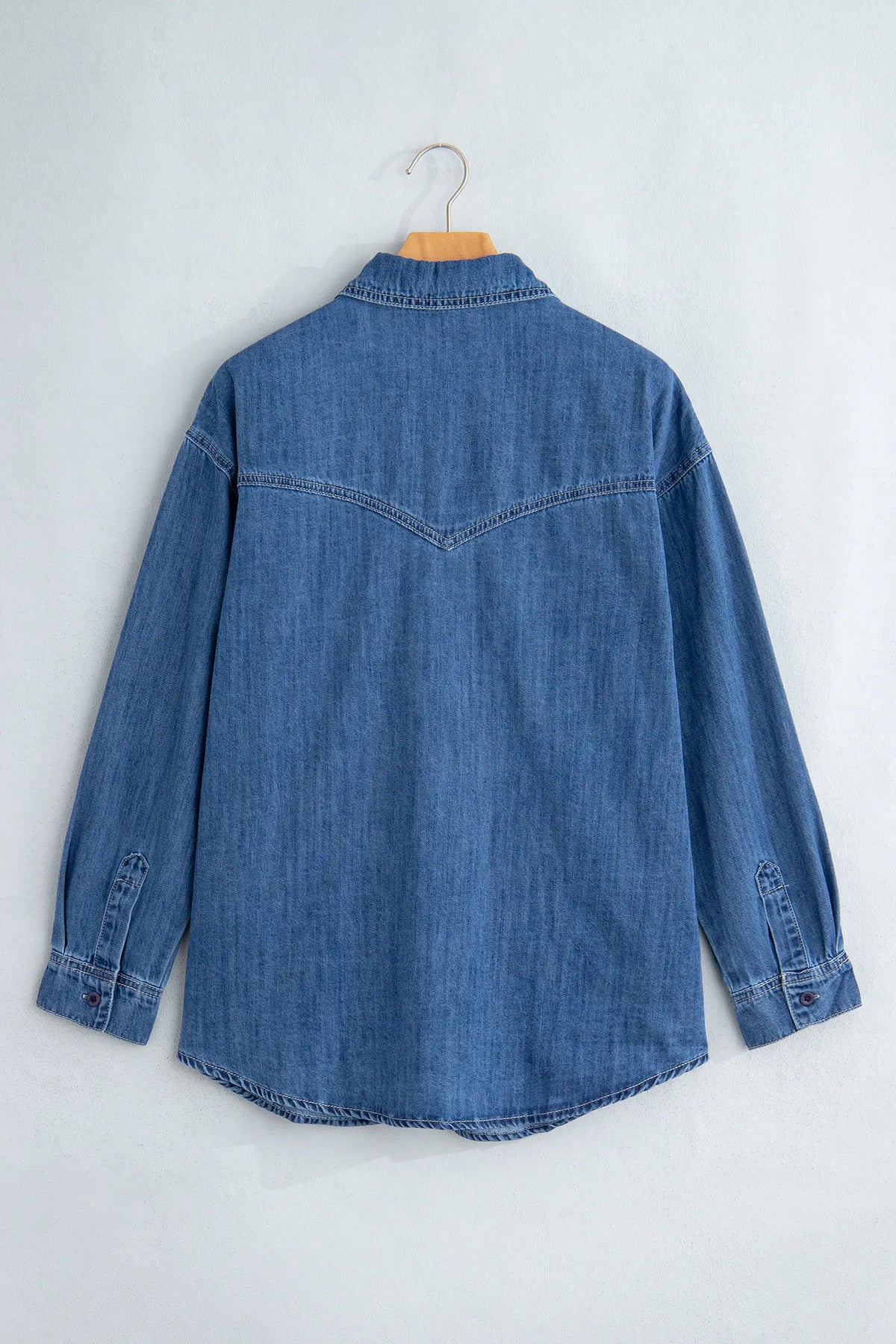 Western Patch Pockets Tunic Length Long Sleeve Denim Shirt – Sail Blue