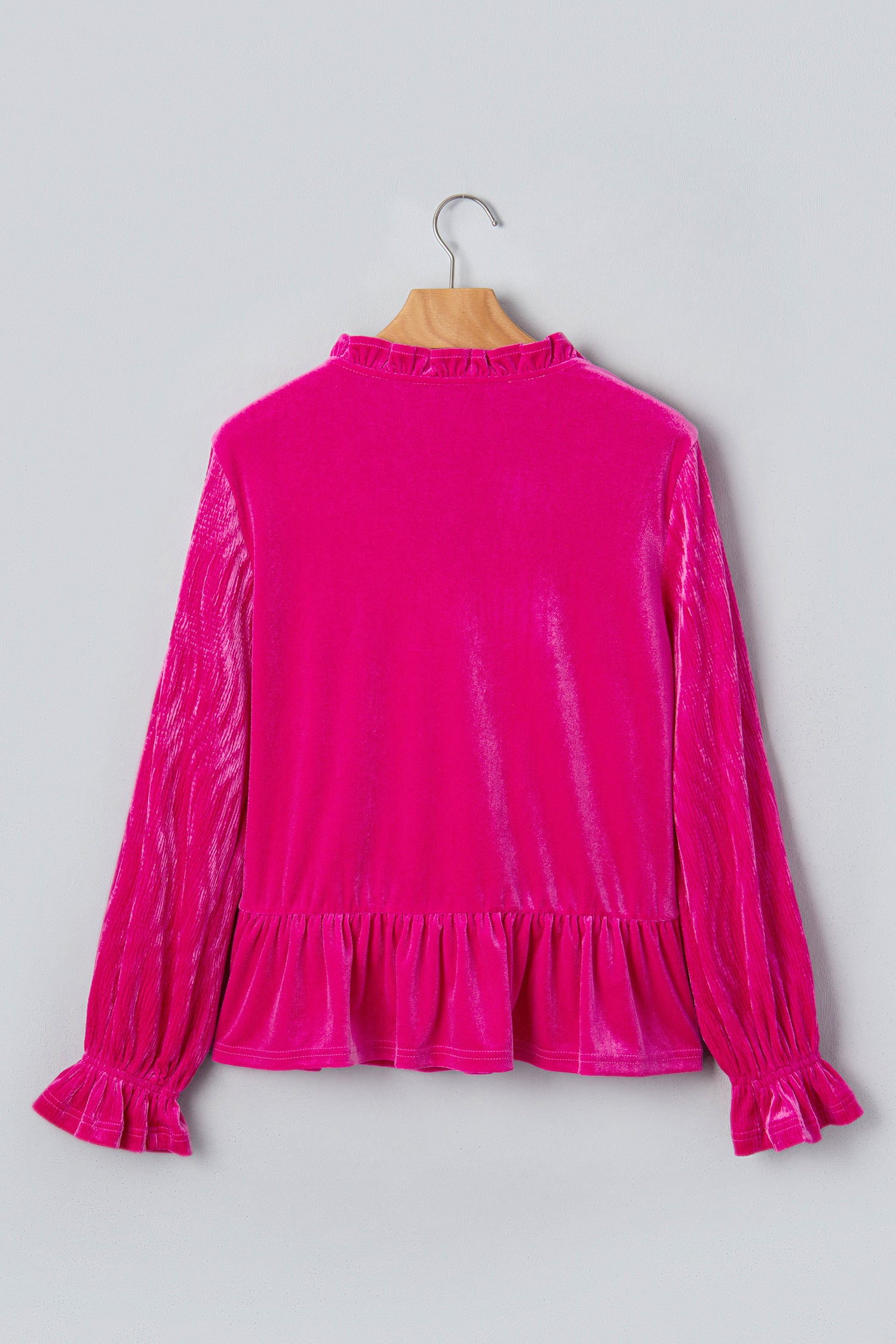 V Neck Velvet Ruffled Cuffs Hem Long Sleeve Top – Strawberry Pink