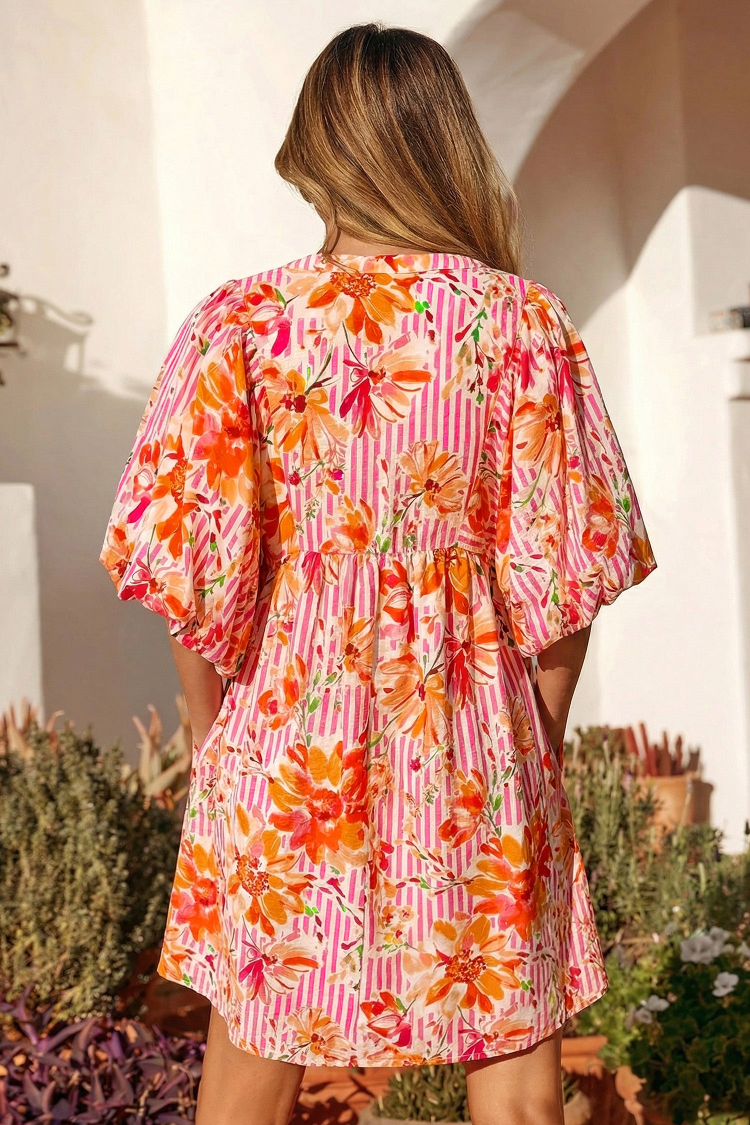 Striped Floral Print Tie Neck Puff Sleeve Babydoll Mini Dress