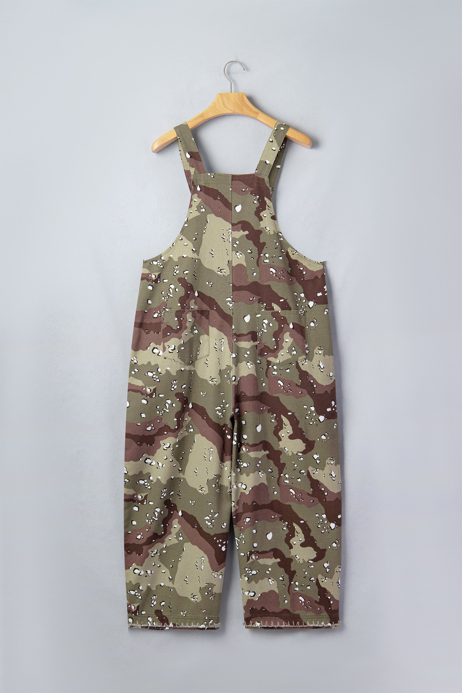 Camouflage Print Leopard Detail Loose Denim Overall Cropped Jumpsuit – Green