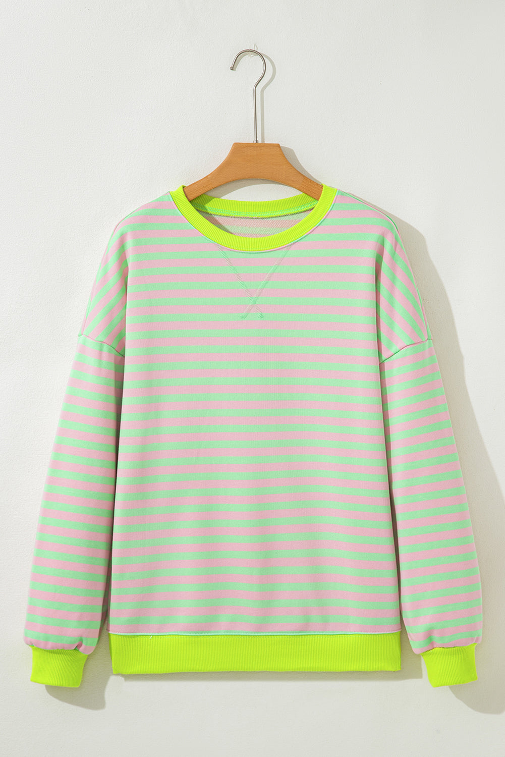 Striped Contrast Ribbed Trim Crossed Stitch Drop Shoulder Sweatshirt - eAura