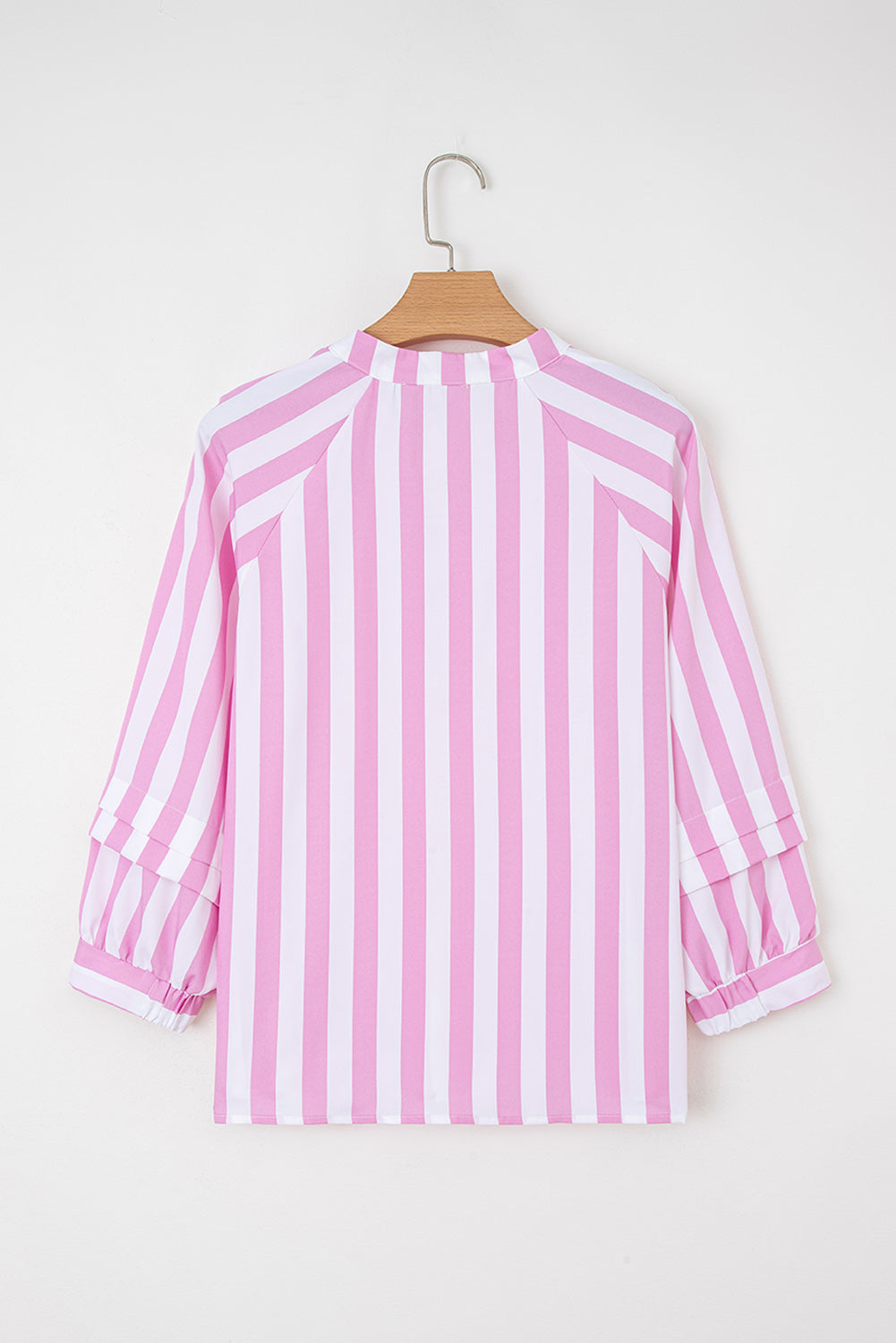 Stripe Split Neck Button Decor Front Puff Sleeve Blouse - eAura