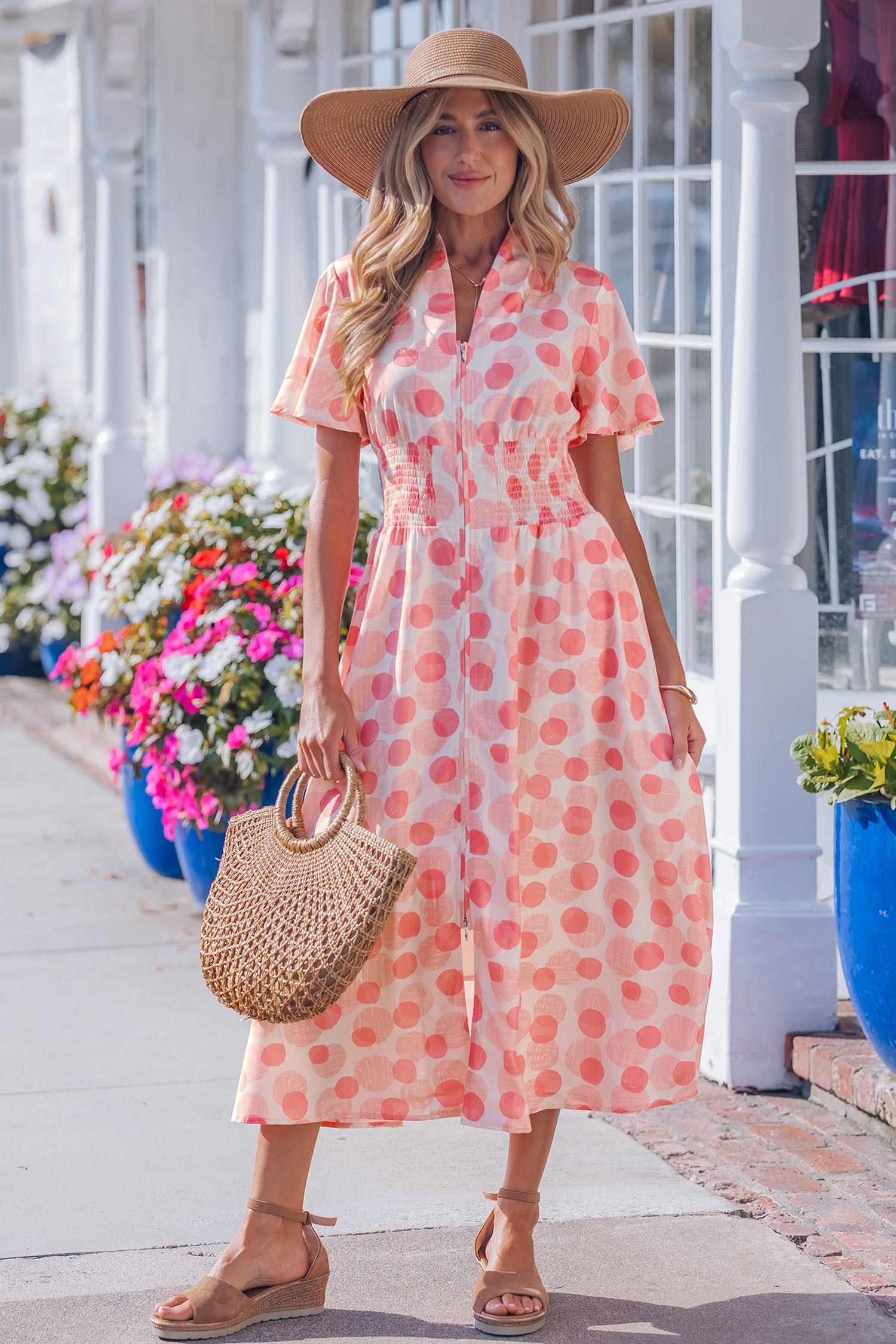 Polka Dot Ruffle Sleeve Zip-Up Maxi Dress
