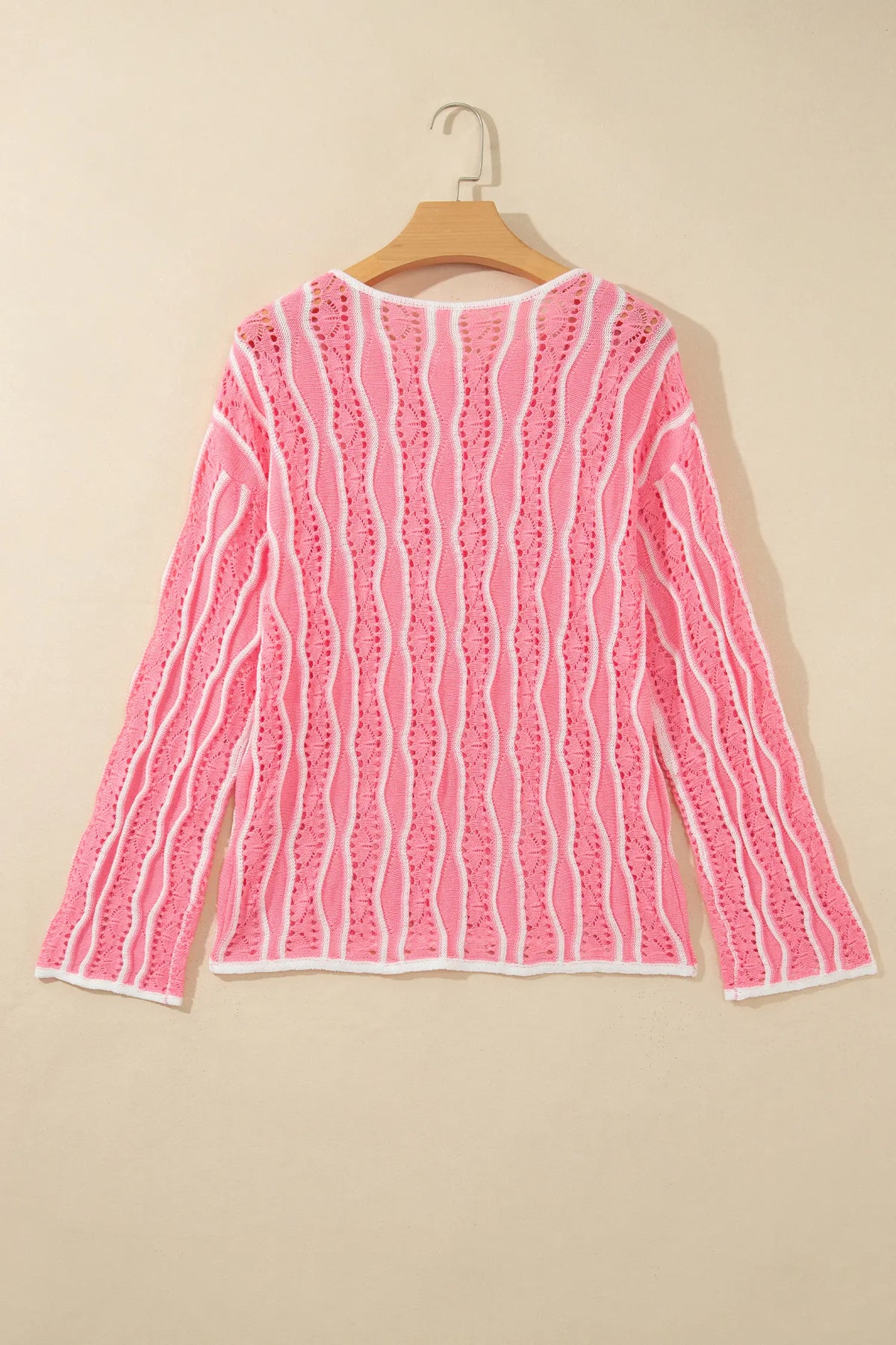 Wavy Detail Hollow Out Knit Long Sleeve Cotton Pullover Sweater – Pink