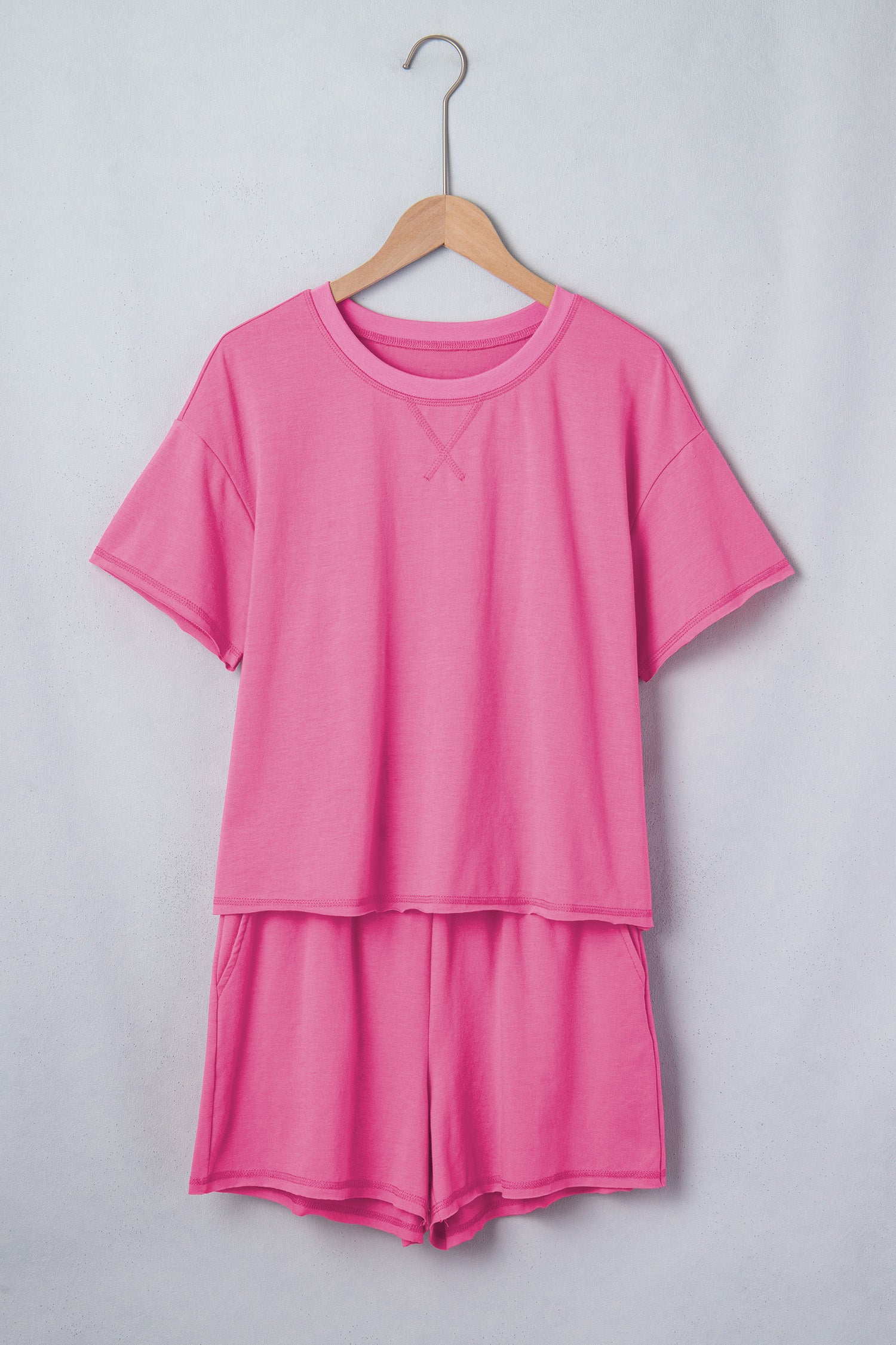 Seam Detail Raw Edge Tee Rainbow Waistband Casual Short Set