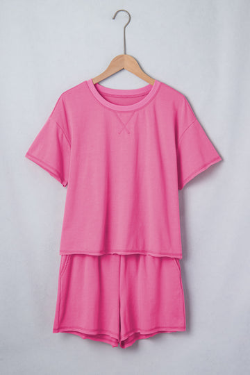 Seam Detail Raw Edge Tee Rainbow Waistband Casual Short Set