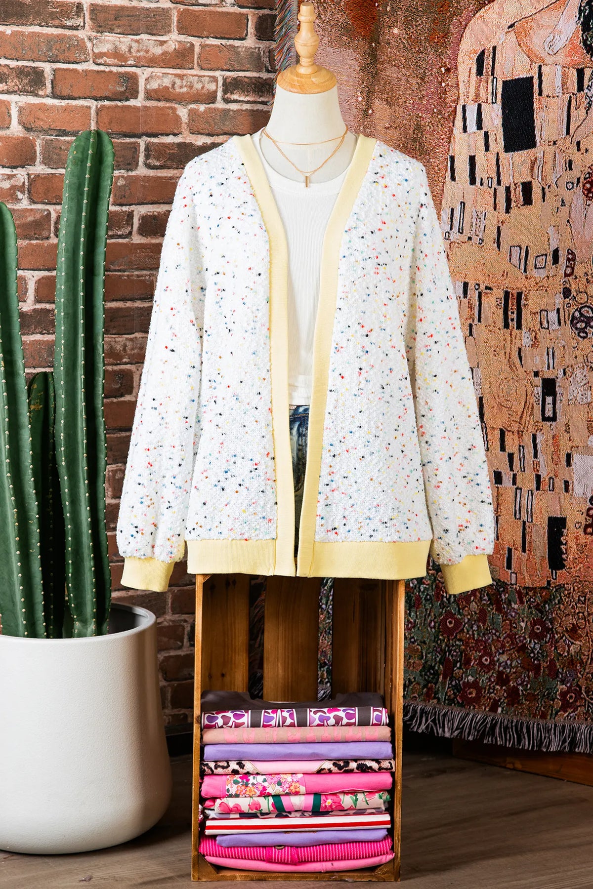 Cardigan Relaxed Oversized Confetti Knit with Contrast Ribbed Cuffs