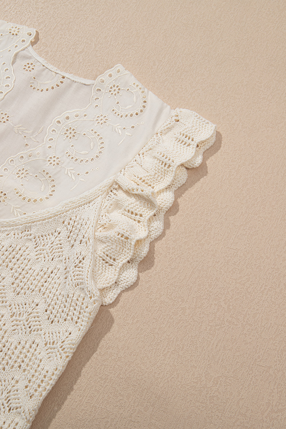 Beige Embroidered Patchwork Hollow Out Knitted Ruffle Top eAura
