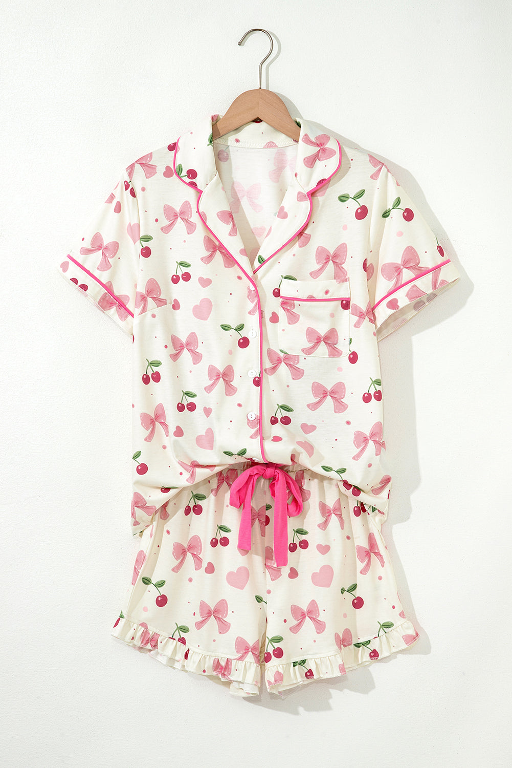 White Floral Print Contrast Pipping Short Pyjamas Set eAura