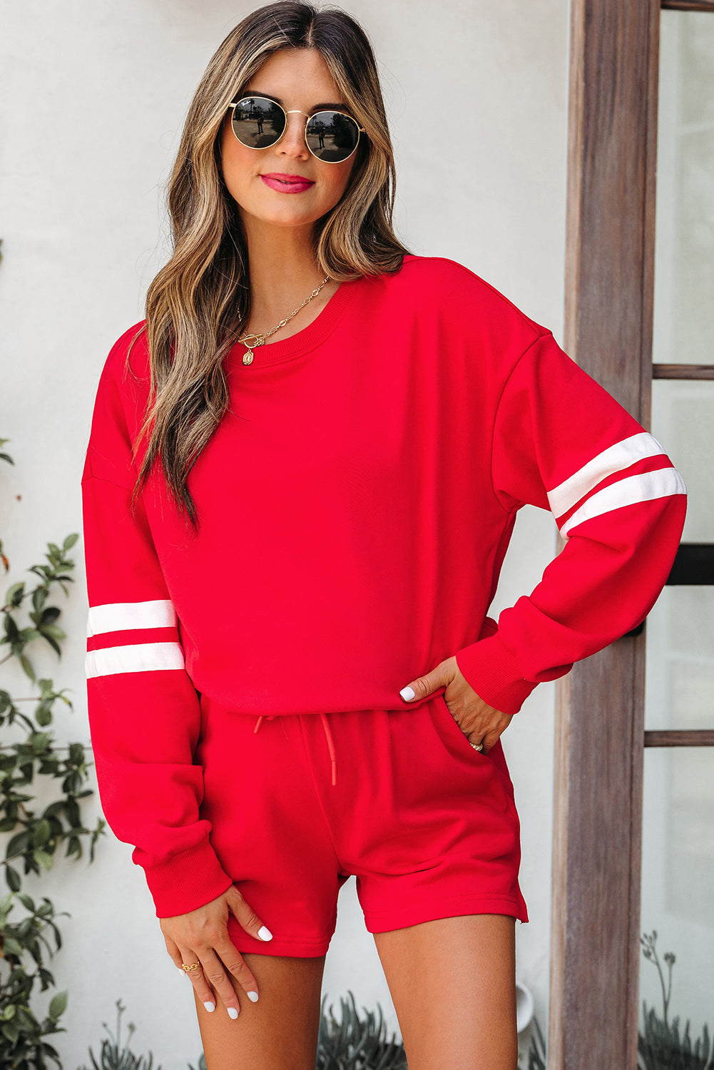 Varsity Striped Sleeve Drop Shoulder Sweatshirt and Shorts Co-ord Set eAura