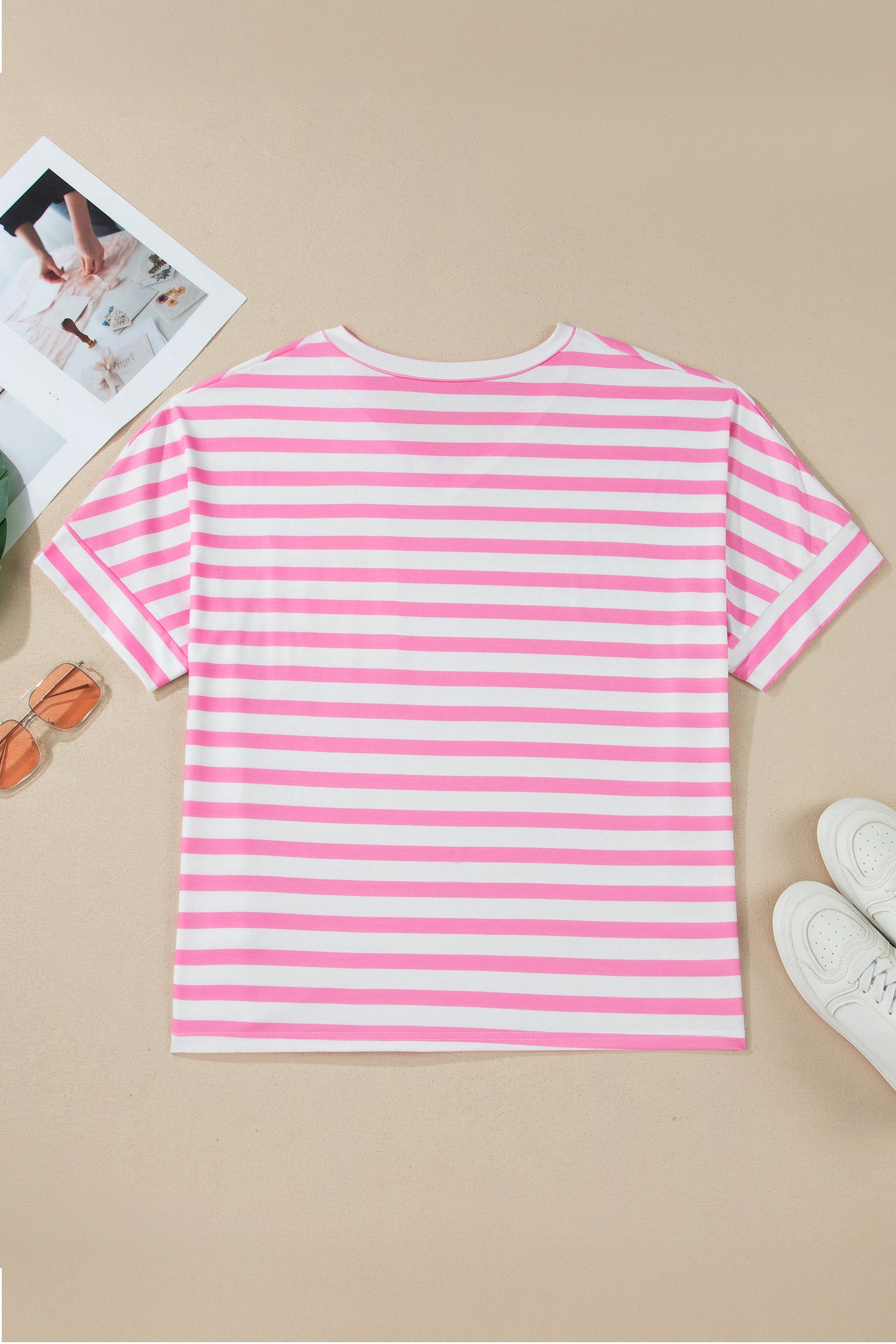 Plus Size Stripe Colourblock Patched Pocket V-Neck Tee