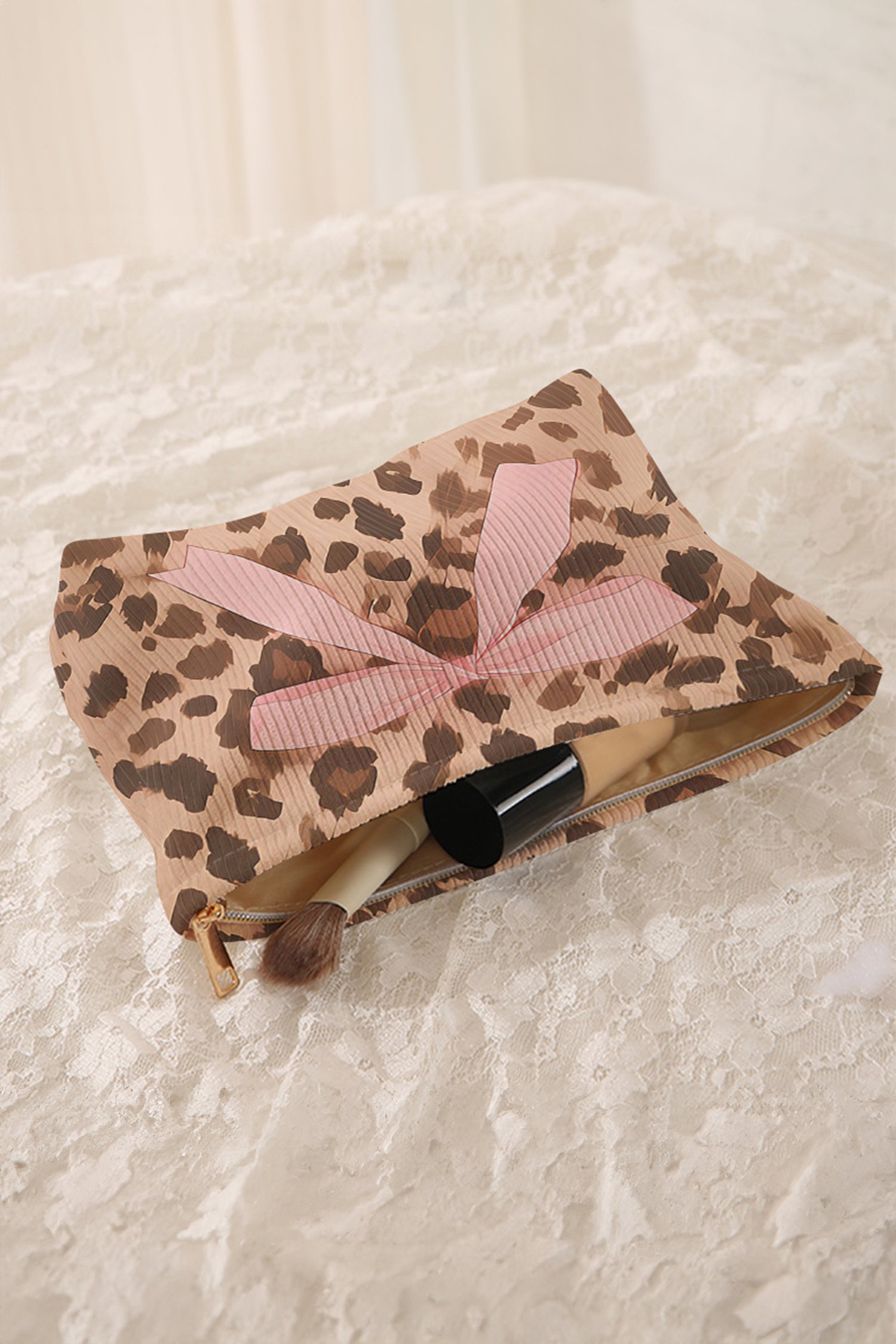 Camel Leopard Print Ribbon Bow Makeup Bag