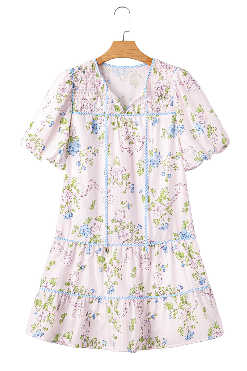 Floral Striped Print Contrast Trim Tie Split Neck Mini Dress eAura