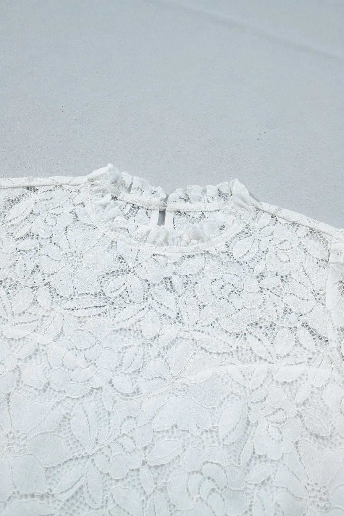 Ruffled Round Neck Long Flounce Sleeve Sheer Lace Blouse – White