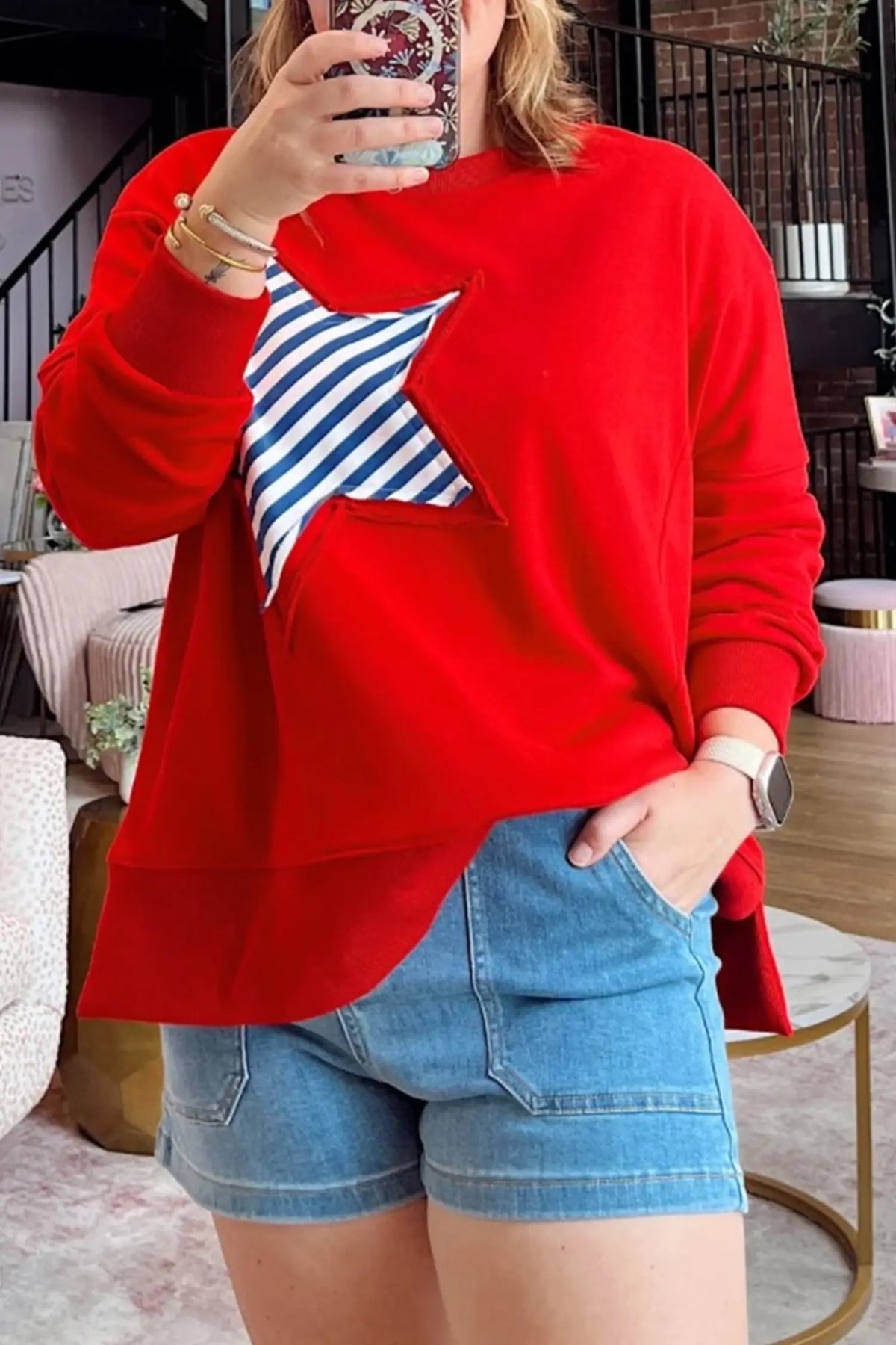 Patch Embroidery Star Colourblock Plus Size Sweatshirt – Fiery Red