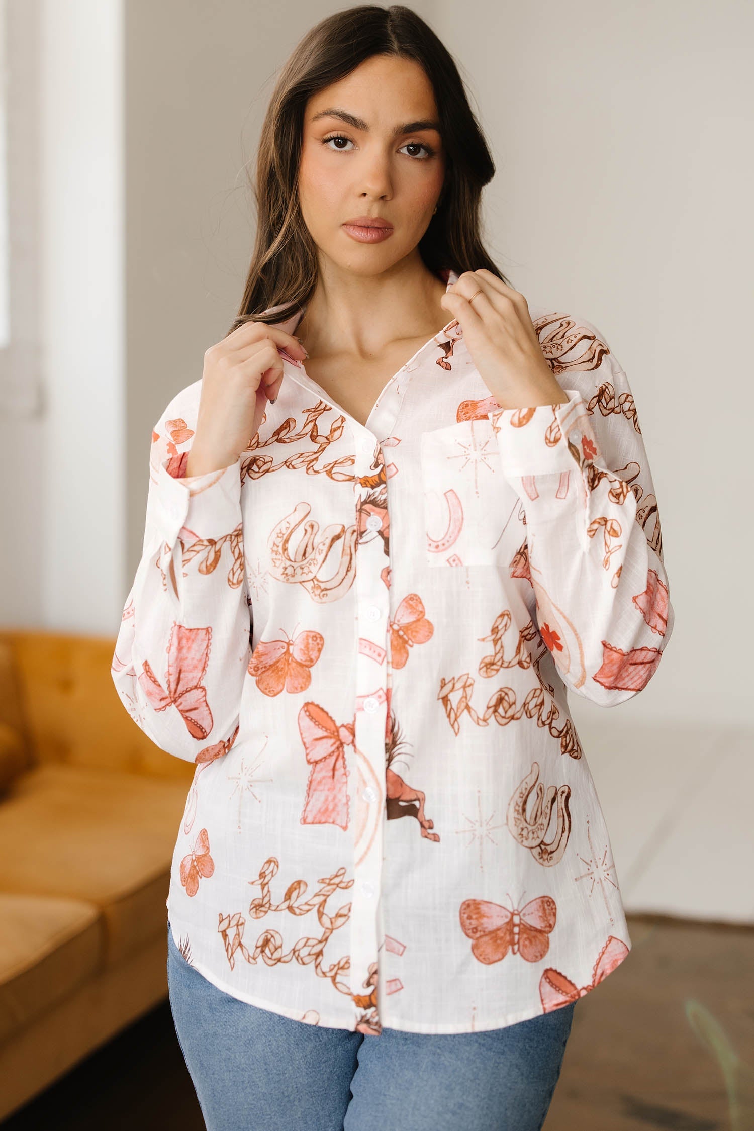White Rodeo Cowgirl Print Western Button up Shirt - Tops/Blouses & Shirts