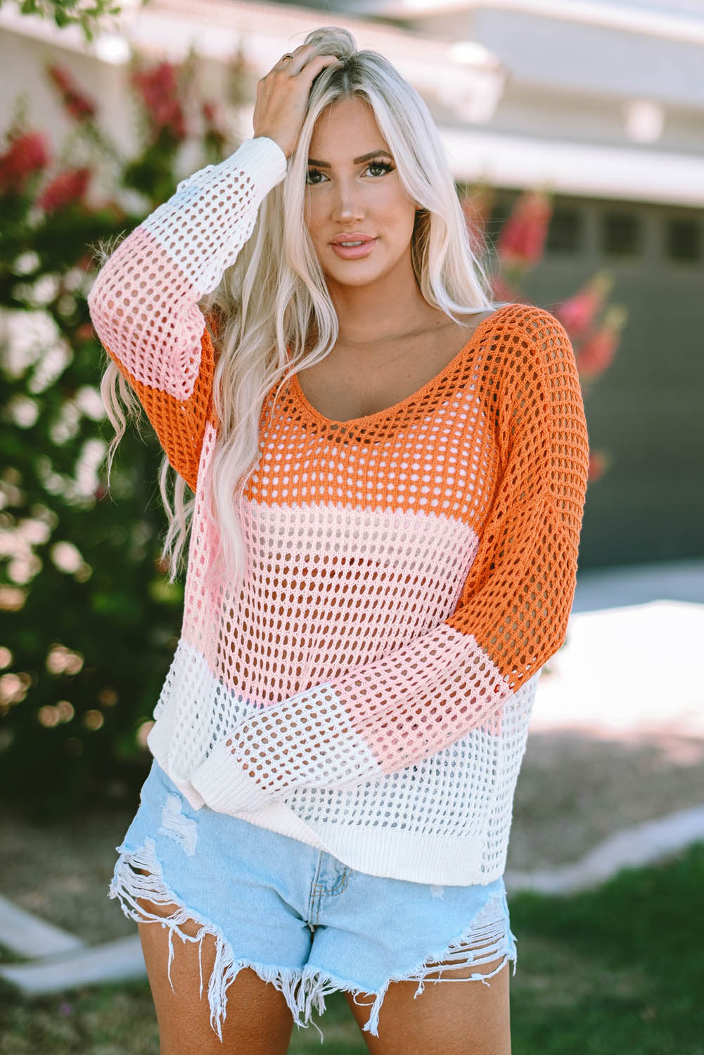Black Colour Block Eyelet Long Sleeve Twisted Back Knit Top eAura