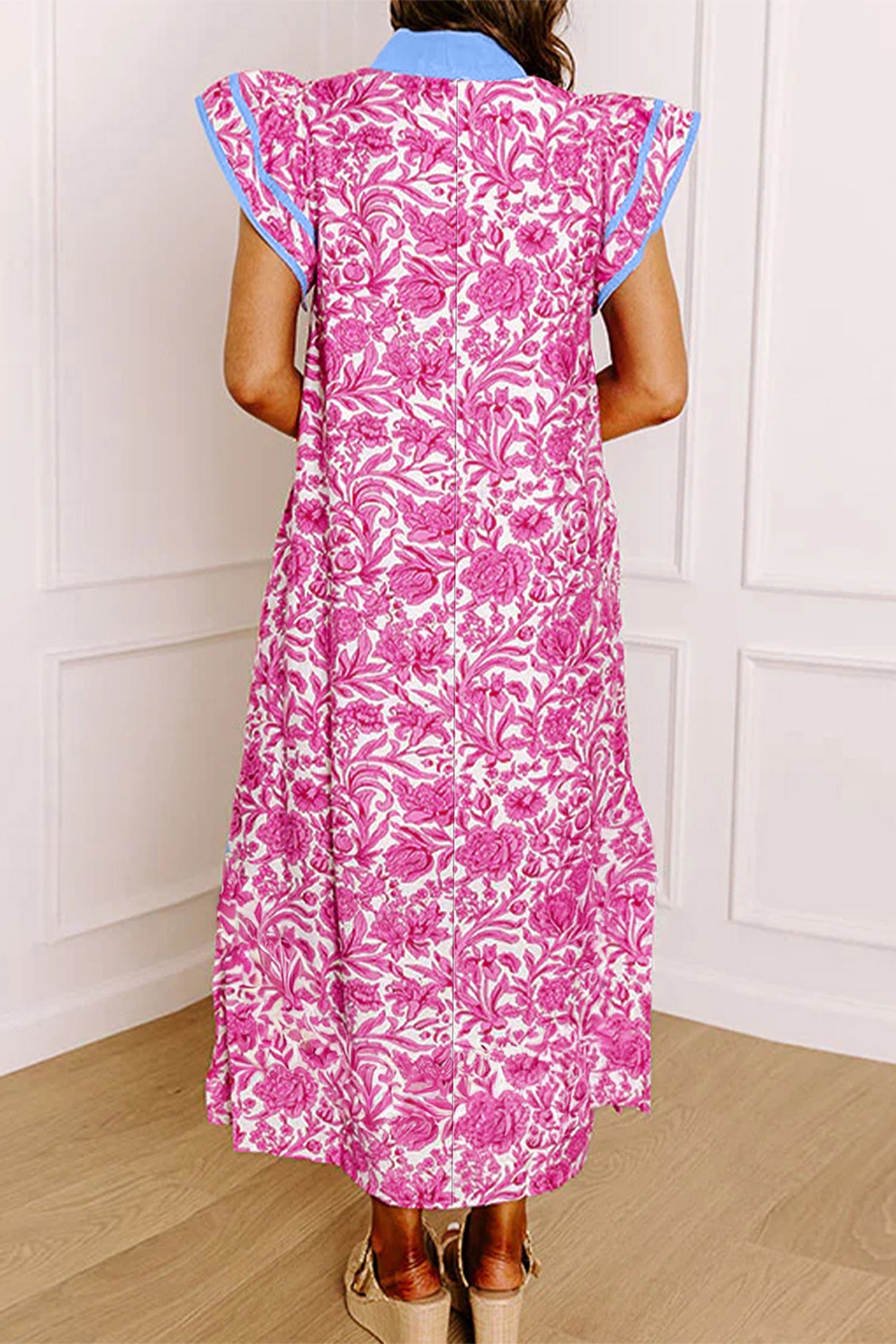 Floral Print Colour Block Patchwork V-Neck Short Sleeve Midi Dress