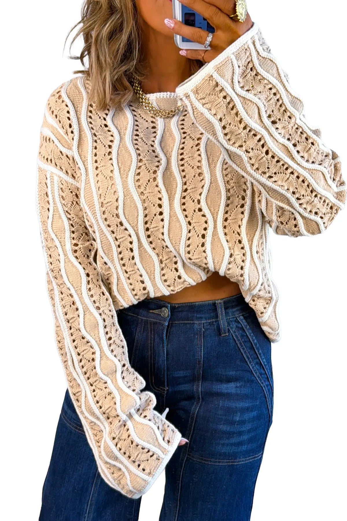 Wavy Detail Hollow Out Knit Long Sleeve Cotton Pullover Sweater – Pink