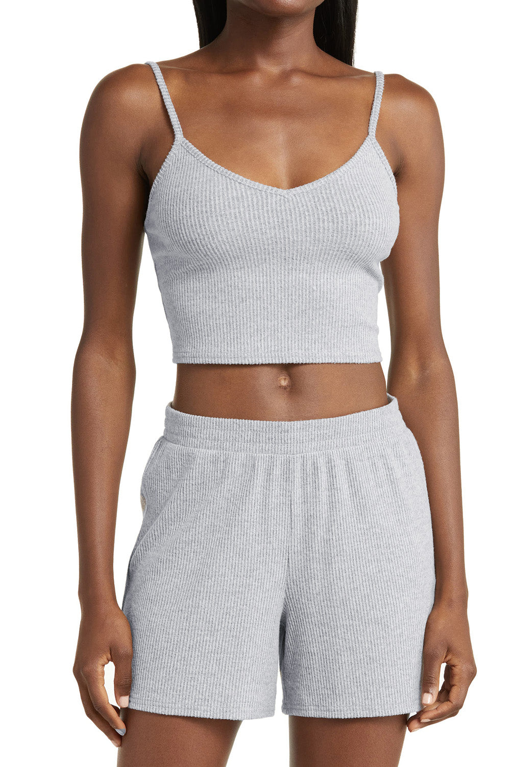 Light Grey 3 Pieces Rib Crop Camisole Matching Shorts Lounge Set with Cardigan eAura