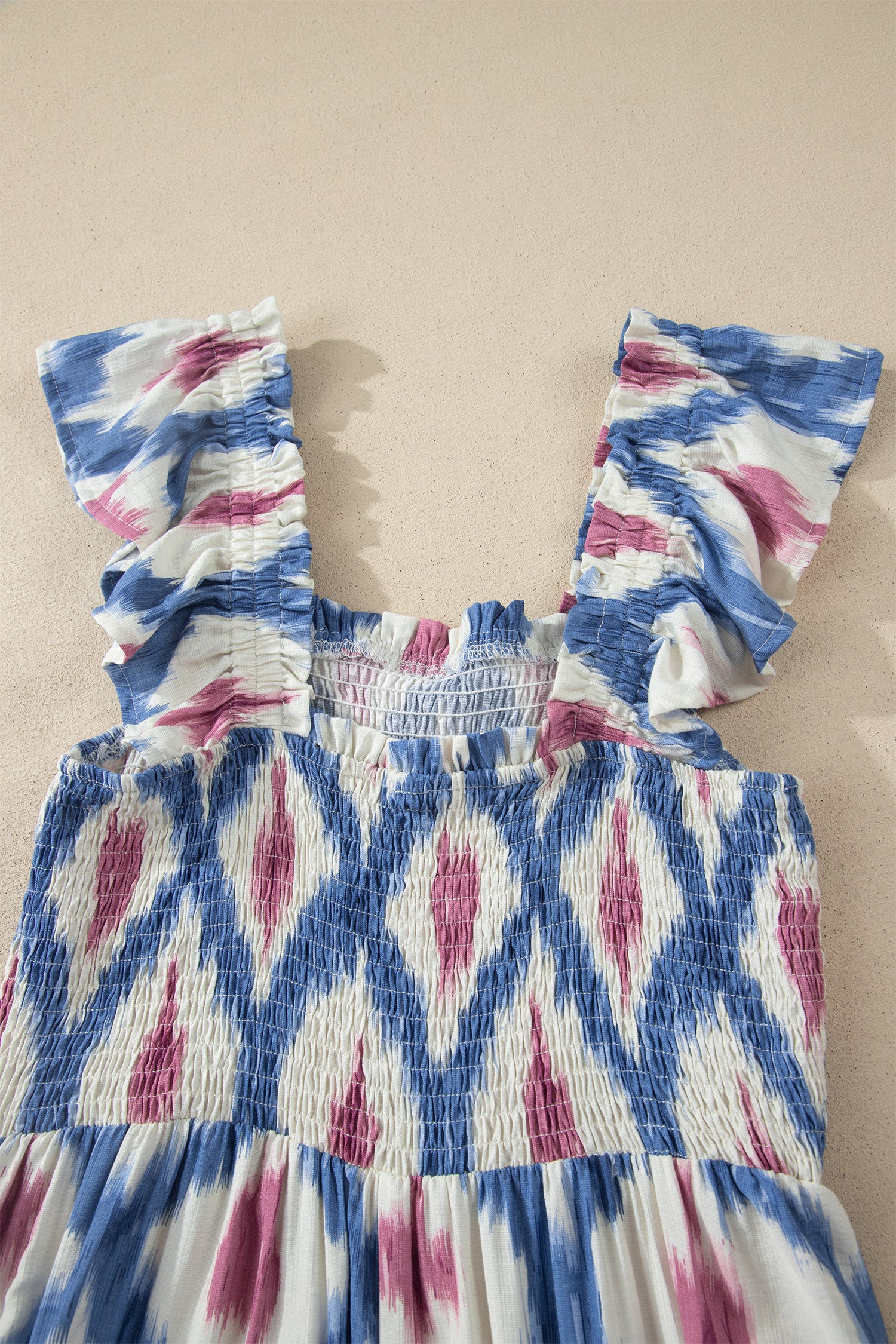 Geometric Print Square Neck Smocked High Waist Ruffle Sleeve Dress