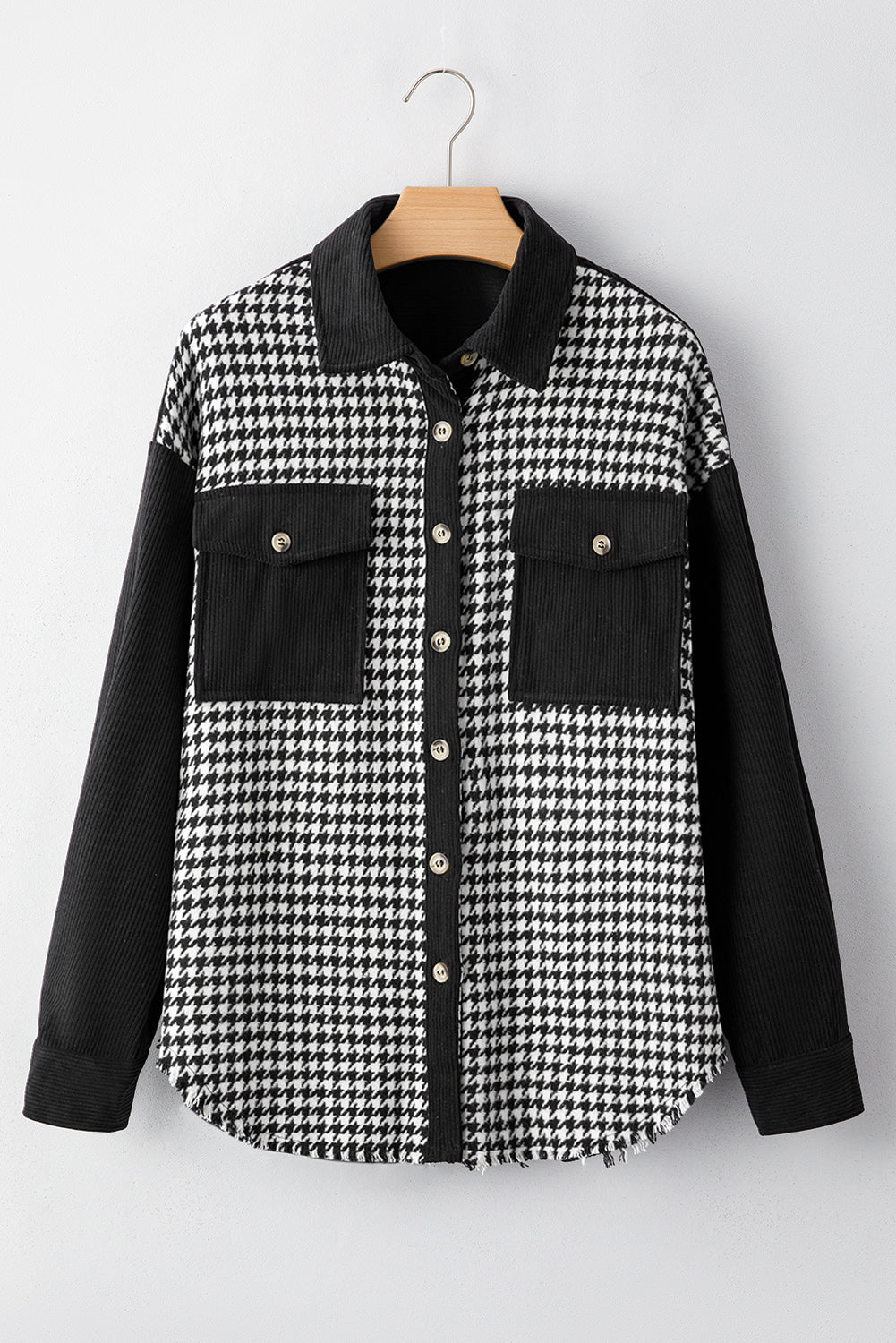 Black Houndstooth Corduroy Patchwork Flap Pocket Shacket eAura