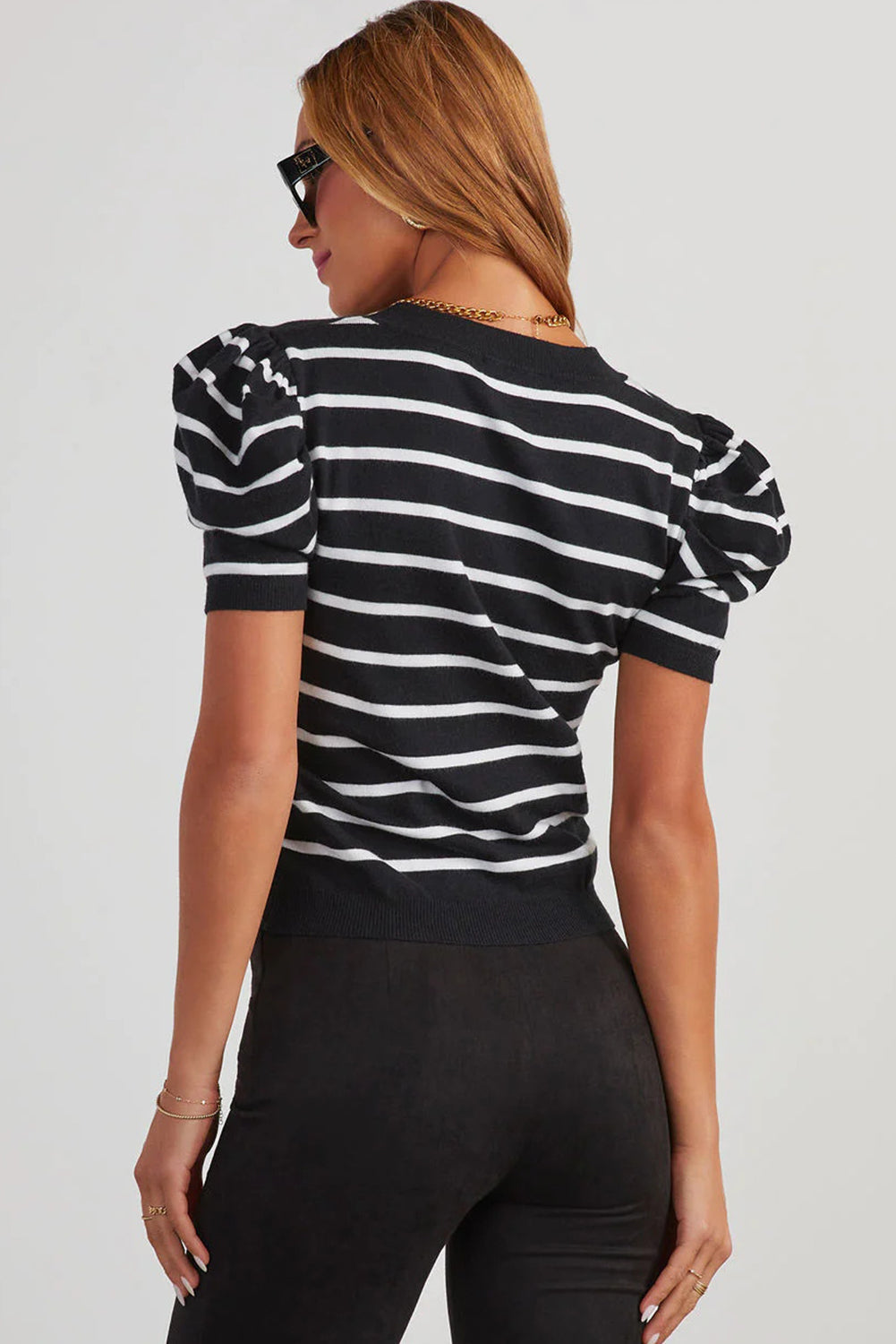 Ribbed Trim Round Neck Bubble Sleeve Knitted Top eAura