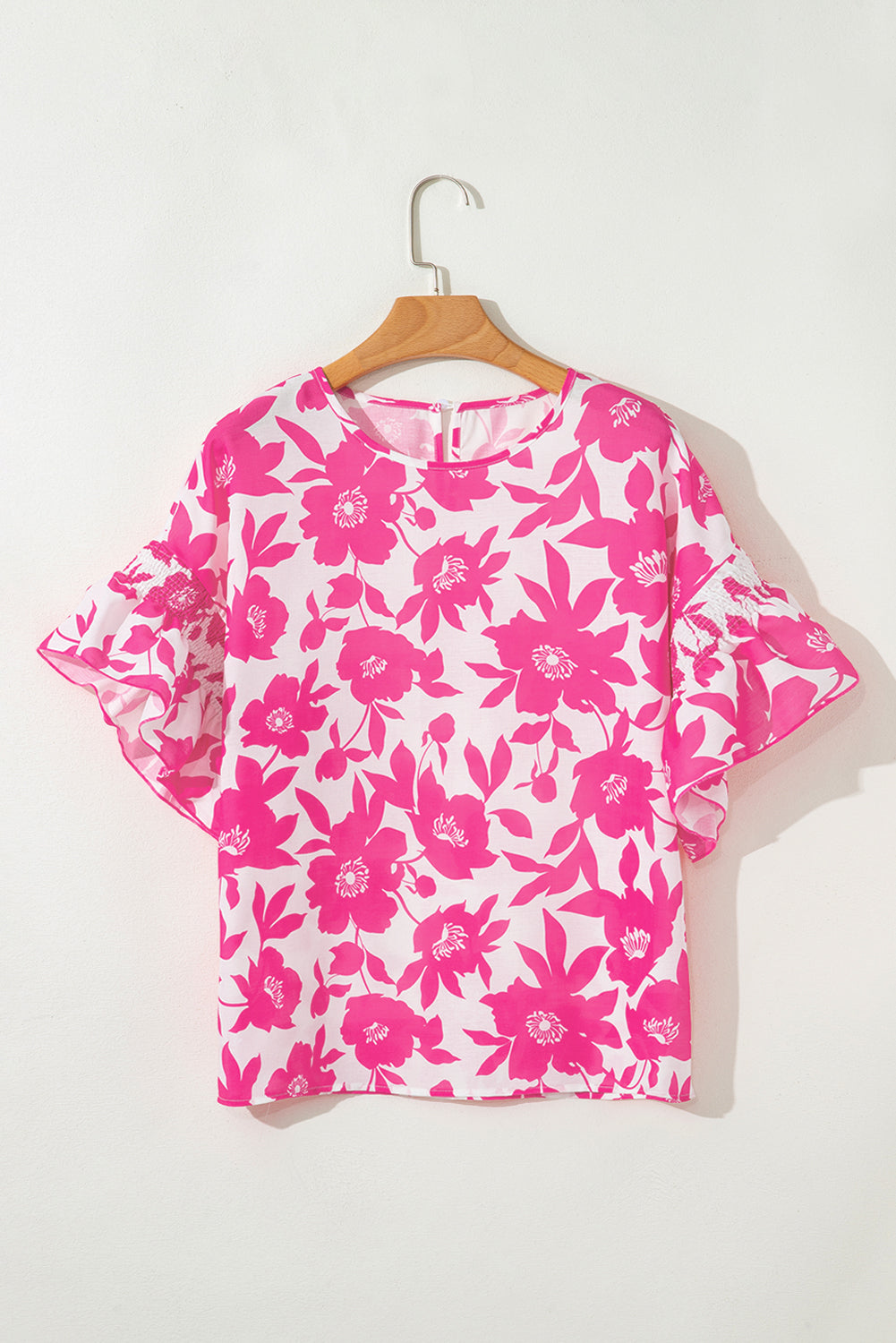 Pink Floral Printed Ruffled Short Sleeve Round Neck Loose Blouse eAura