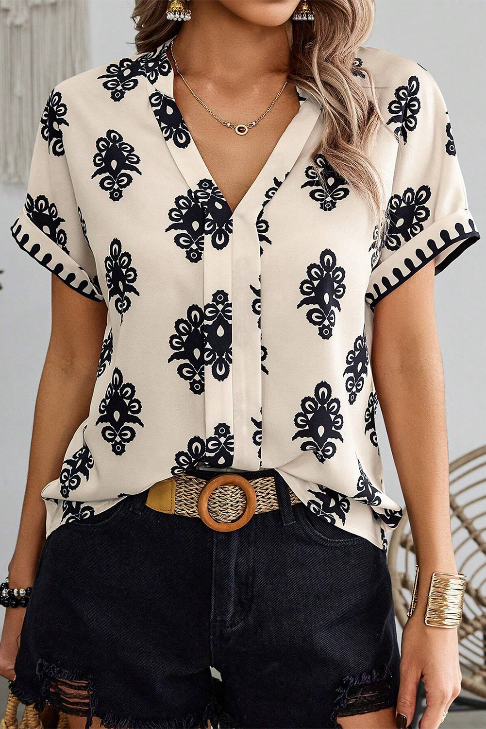 Black Geometric Print Short Sleeve V Neck Blouse eAura