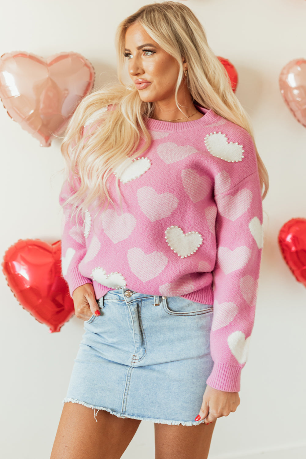 Pink Pearled Heart Print Valentines Crew Neck Sweater eAura