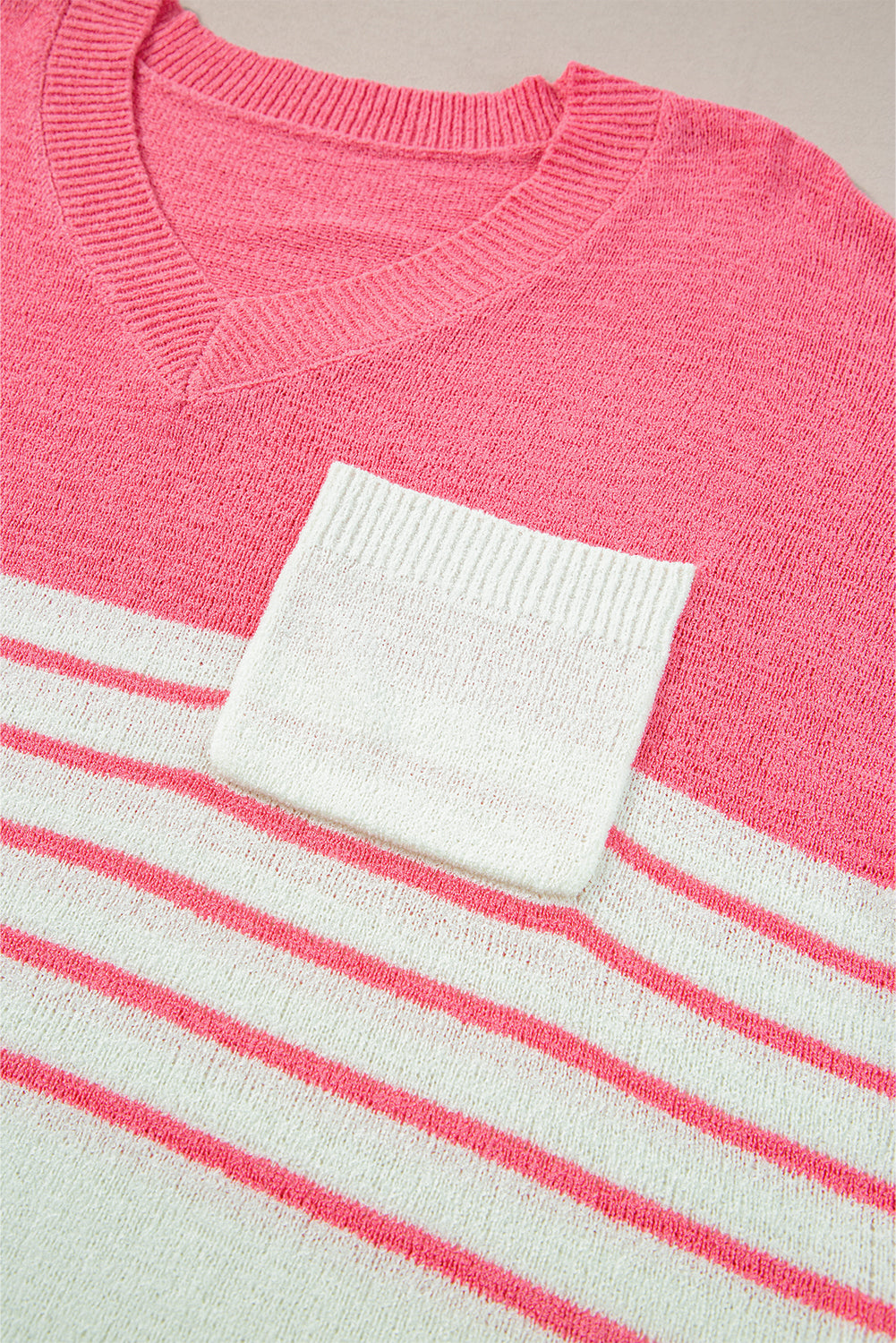 Strawberry Pink Contrast Stripes V Neck Knitted Short Sleeve Top eAura