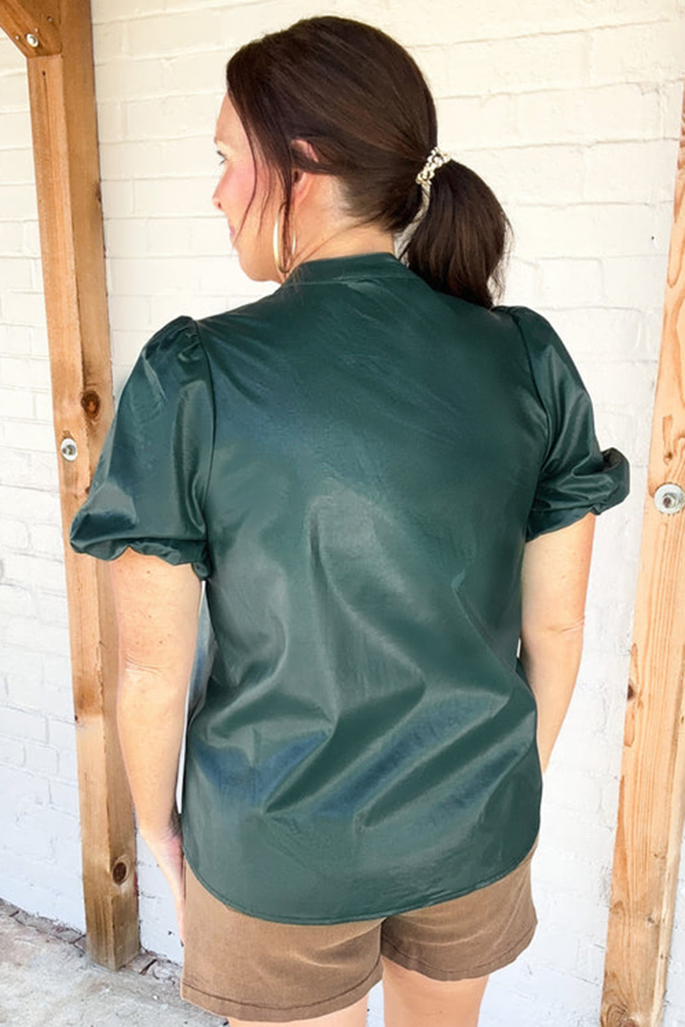 Sea Green Notched V Neck Short Puff Sleeve PU Leather Blouse eAura