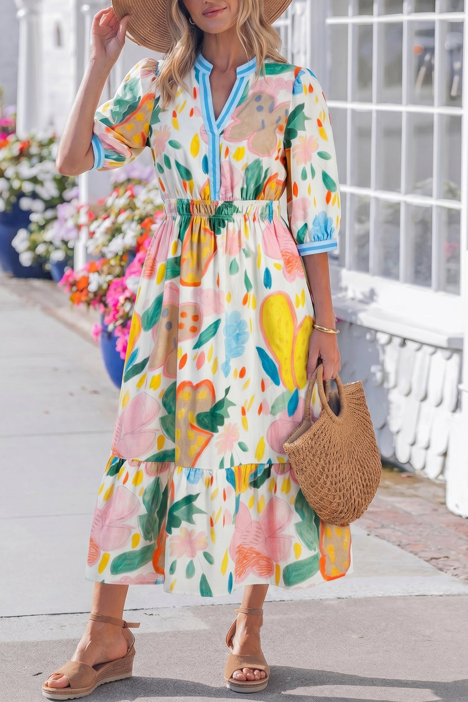 Floral Doodle Print Striped Trim V-Neck Midi Dress