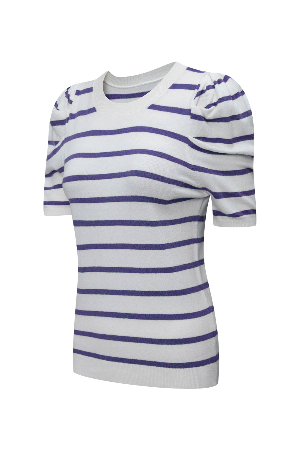 Ribbed Trim Round Neck Bubble Sleeve Knitted Top eAura