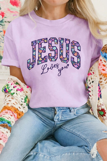 Christian Floral Letter Graphic Round Neck T Shirt – Orchid Petal