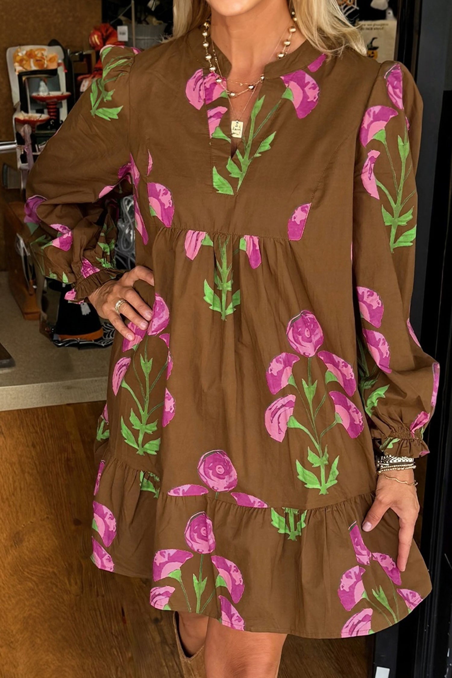 Brown Contrast Floral Print Babydoll Tunic Ruffled Hem Puff Sleeve Dress - eAura