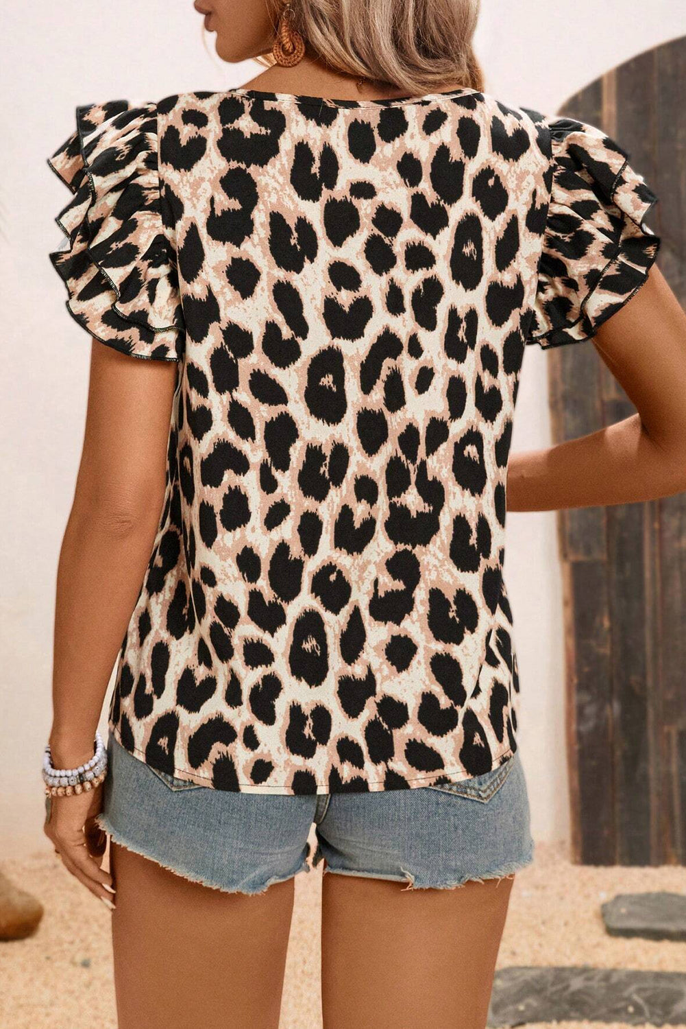 Khaki Leopard Print Layered Ruffled Short Sleeve Blouse eAura