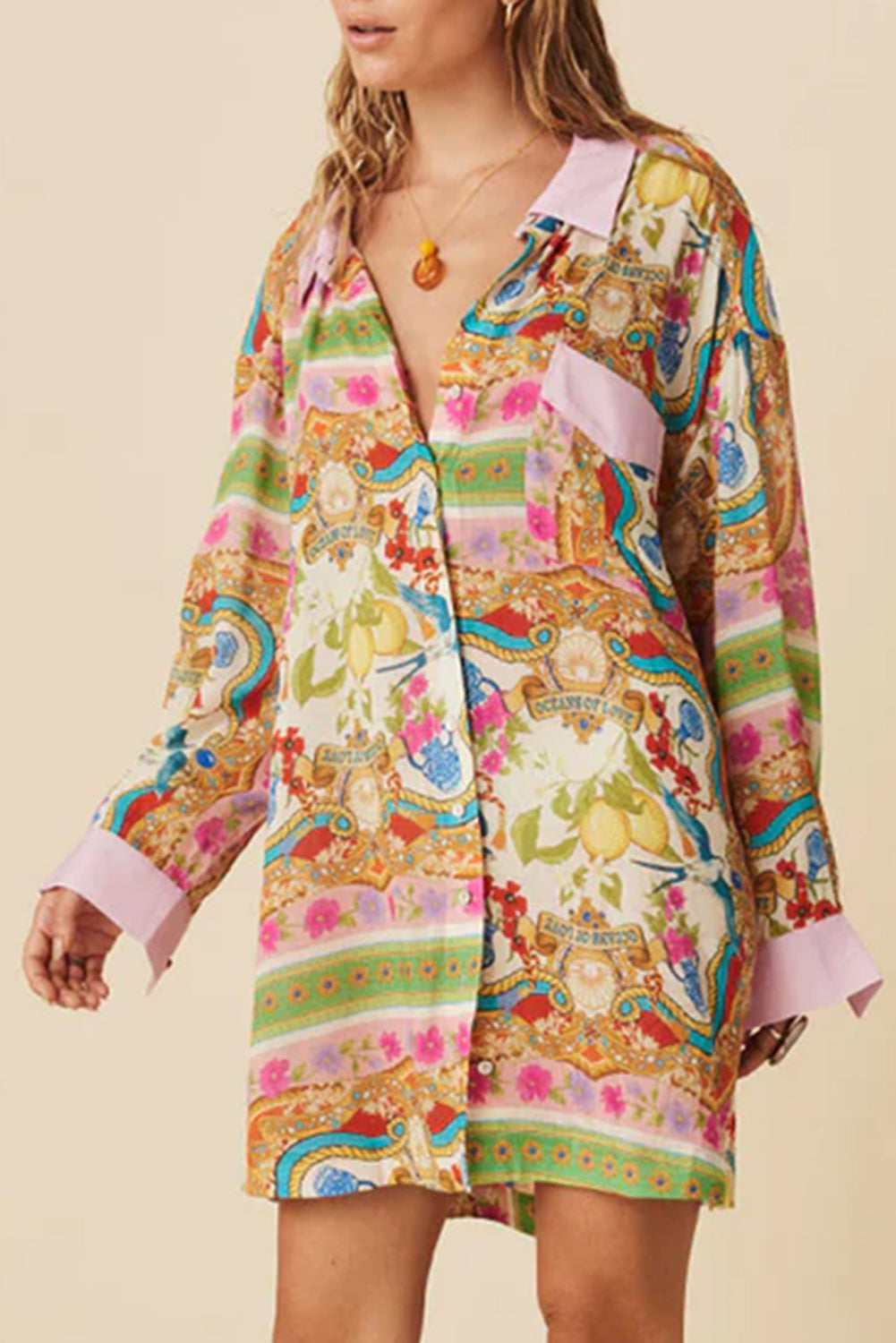 Multicolour Boho Floral Print Buttoned Long Sleeve Shirt Dress eAura