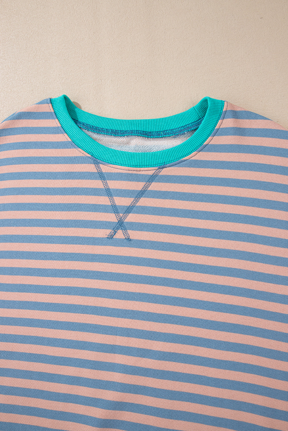 Striped Contrast Ribbed Trim Crossed Stitch Drop Shoulder Sweatshirt - eAura