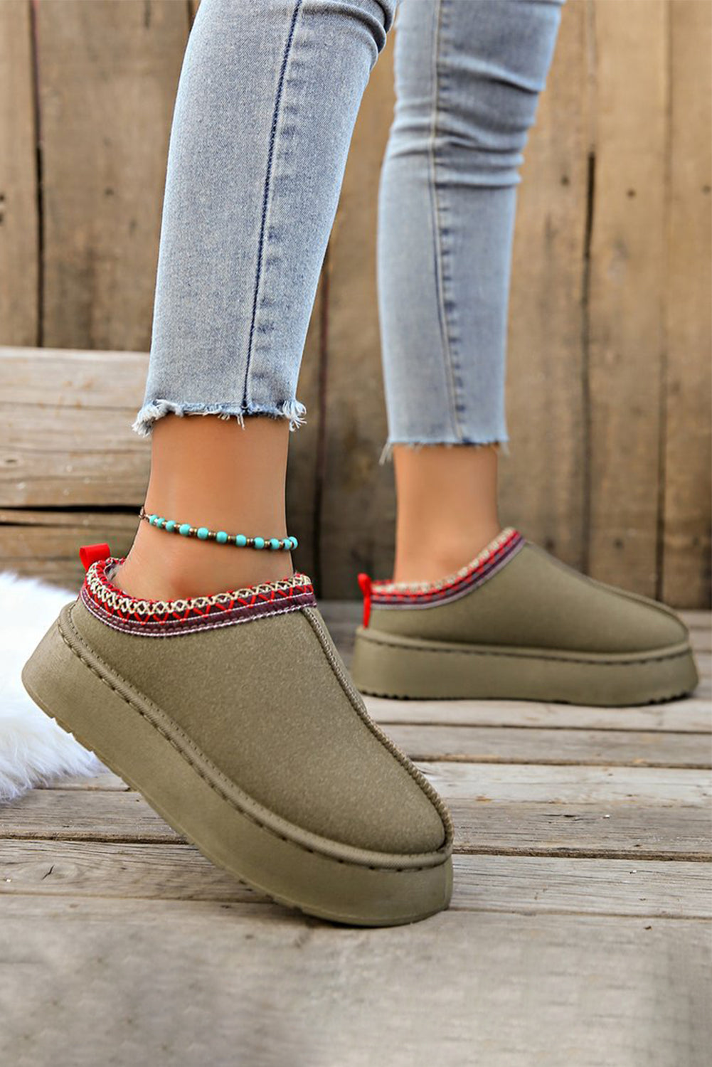 Sage Green Contrast Print Suede Plush Lined Snow Boots BB Fashion Outlet