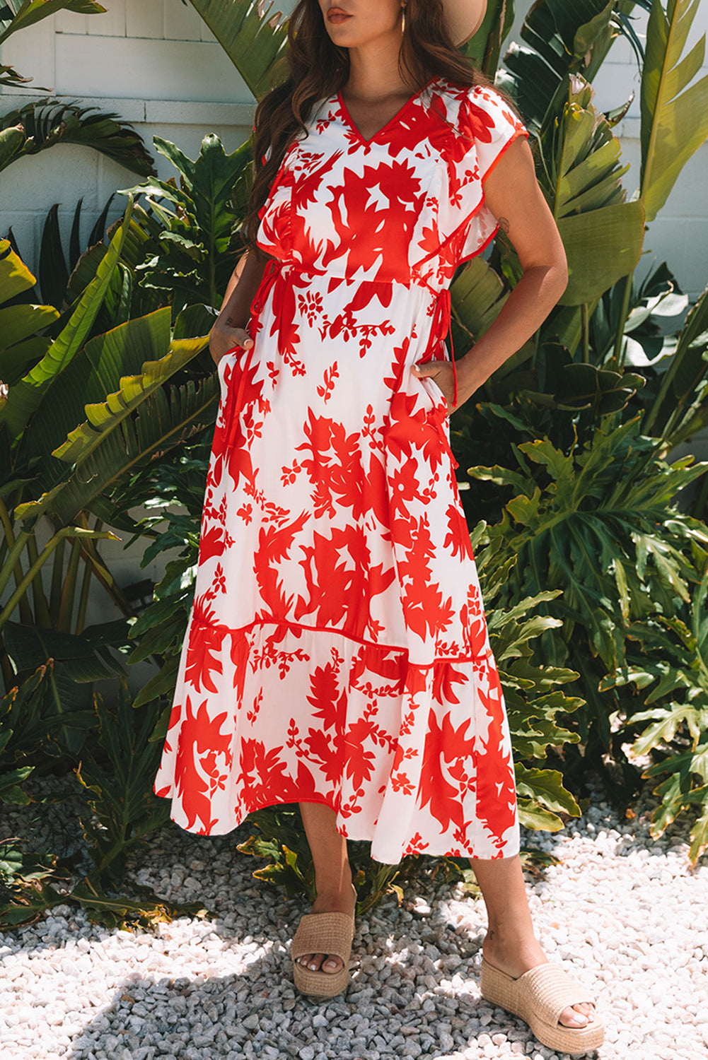 Red Floral Print Trimmed V-Neck Ruffle Sleeve Long Dress eAura