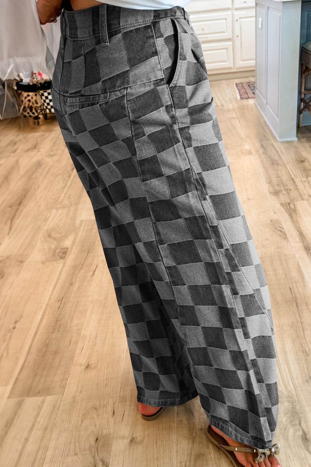 Dark Grey Checkered Denim Wide Leg Jeans eAura