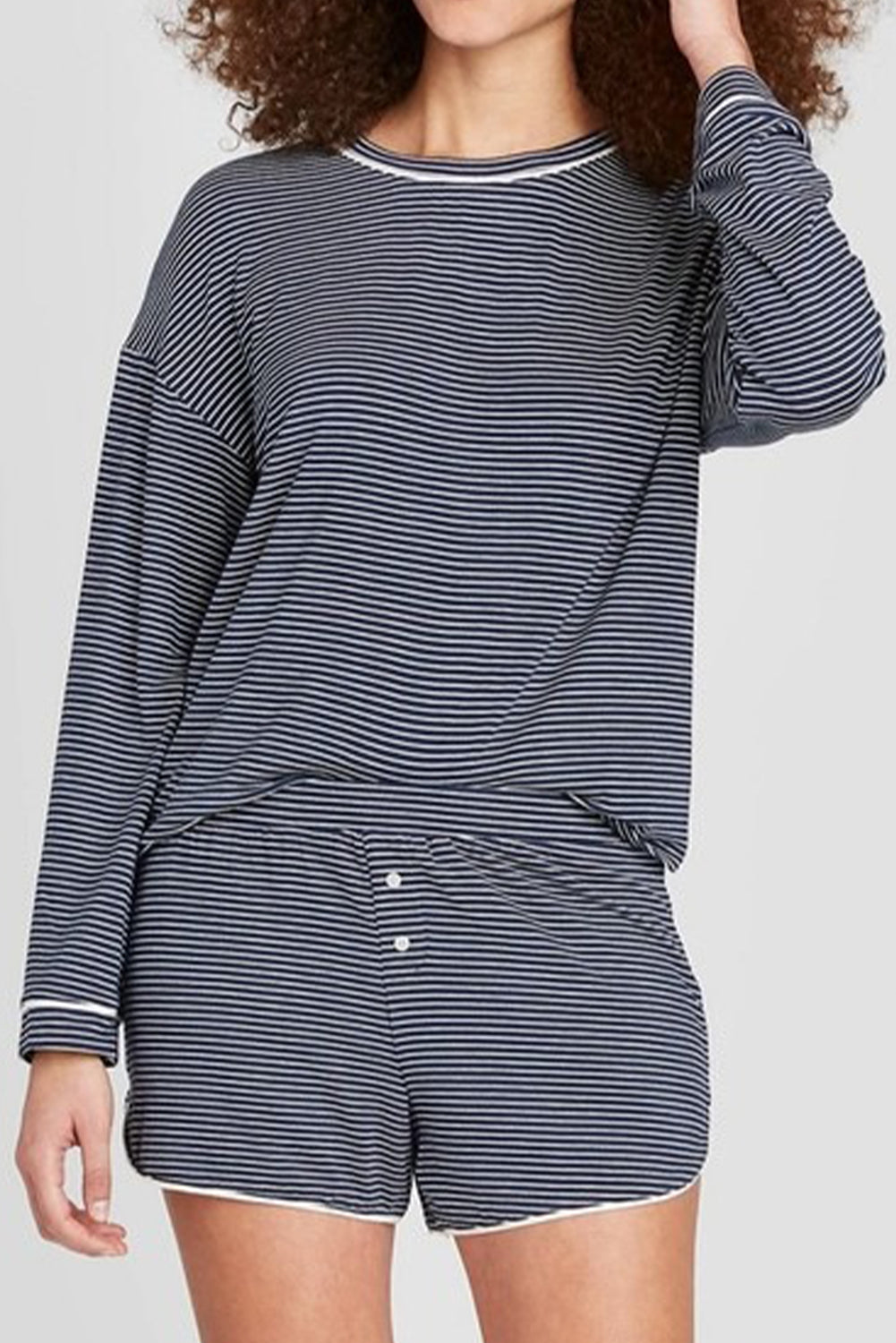 Stripe Drop Shoulder Long Sleeve Tee and Buttoned Shorts Pyjama Set - eAura