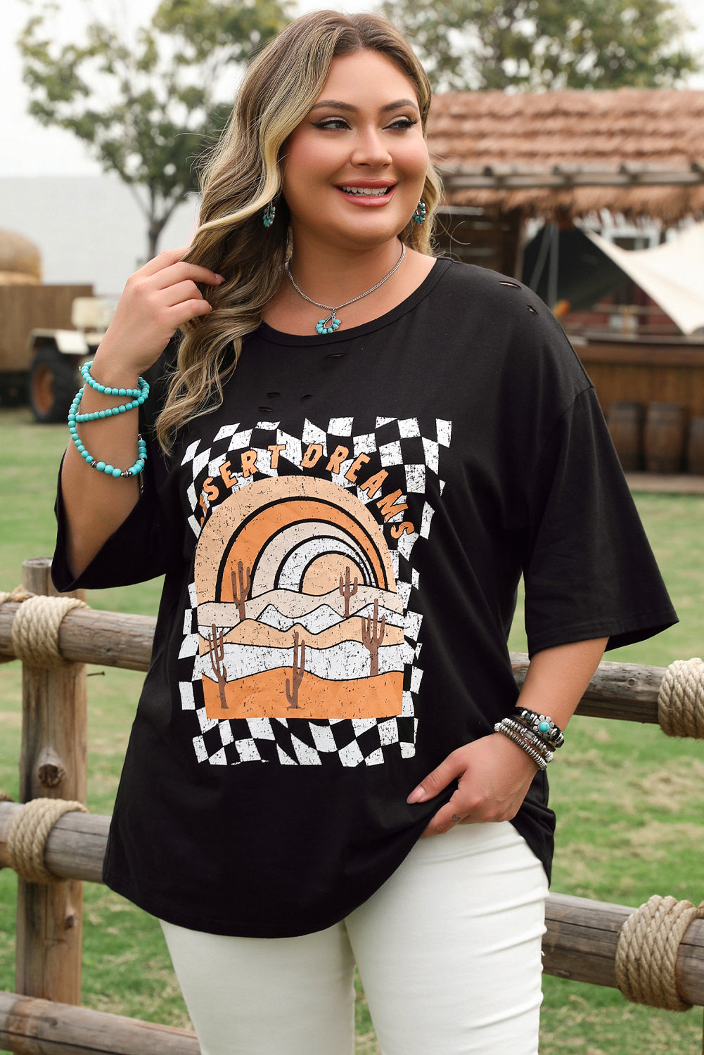 Black Checkerd DESERT DREAMS Printed Ripped Plus Size Tee BB Fashion Outlet