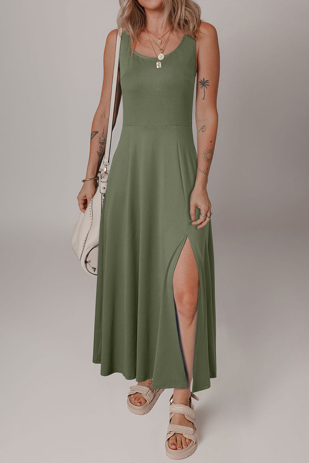 Four Leaf Clover Sleeveless Scoop Neck Flared Split Midi Dress eAura