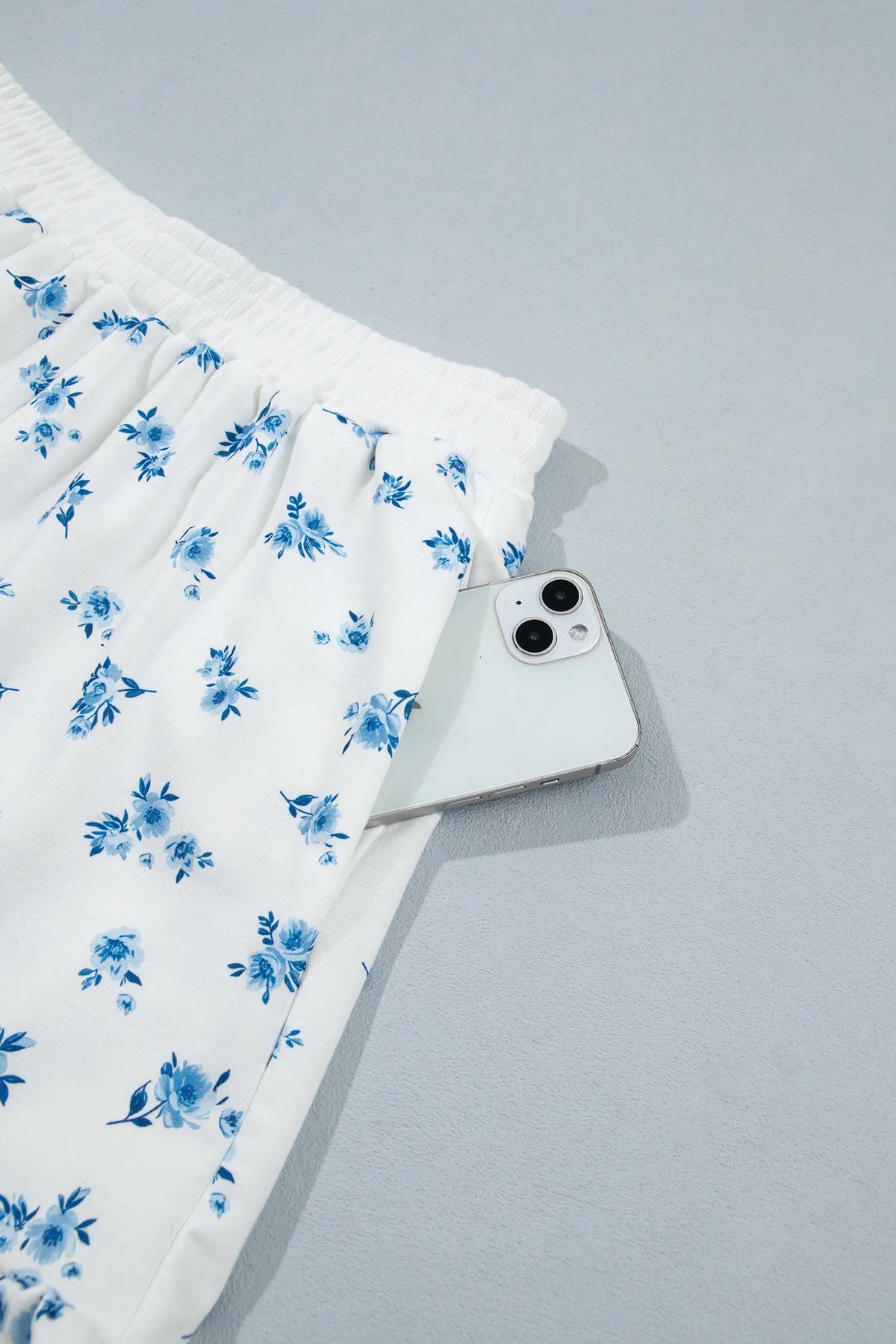 Floral Print Long Sleeve Top Elastic Waist Ruffle Hem Shorts 2pcs Set – Sky Blue