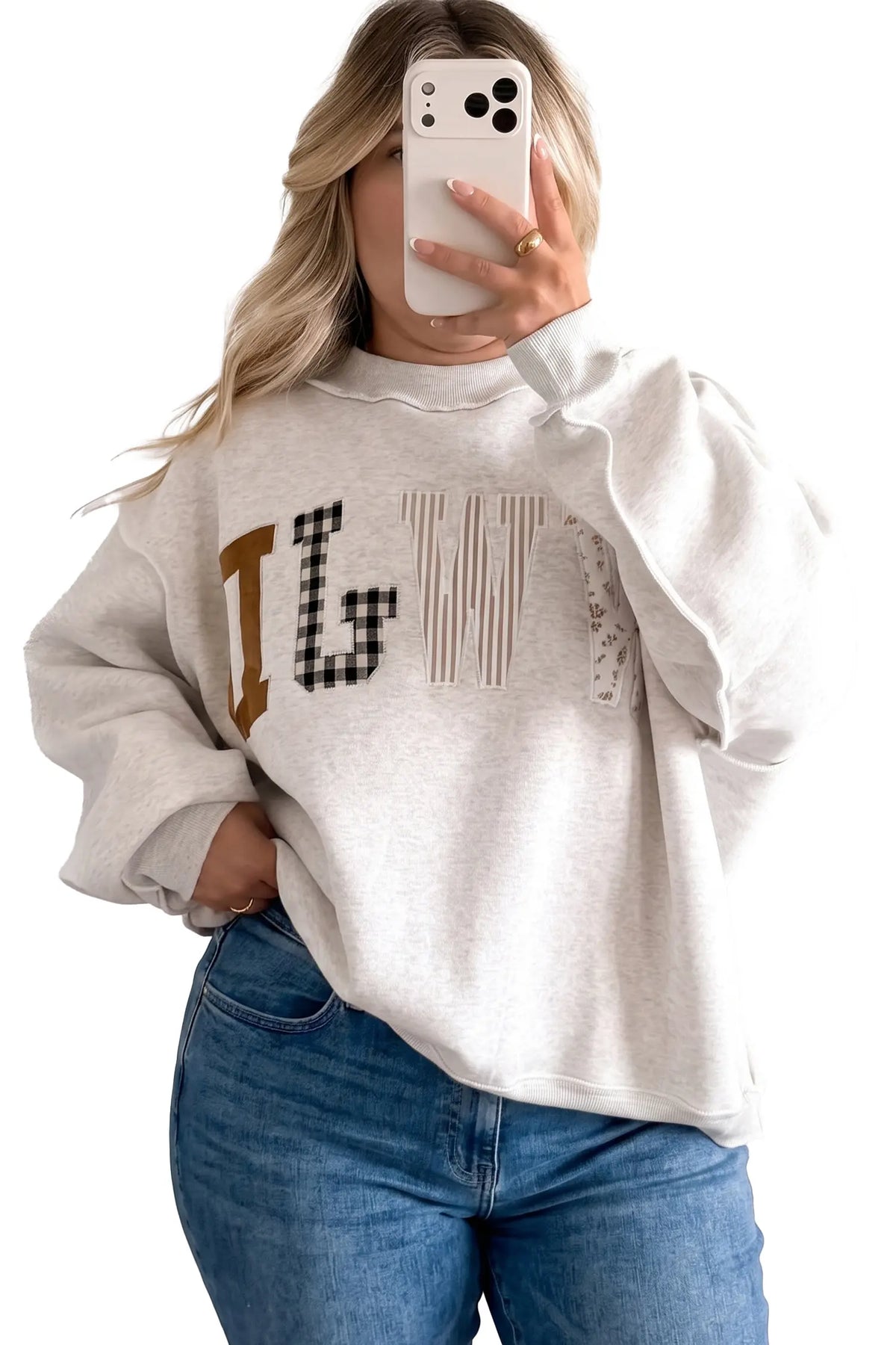WWJD Mix Pattern Letter Graphic Exposed Seam Loose Plus Size Sweatshirt – Grey