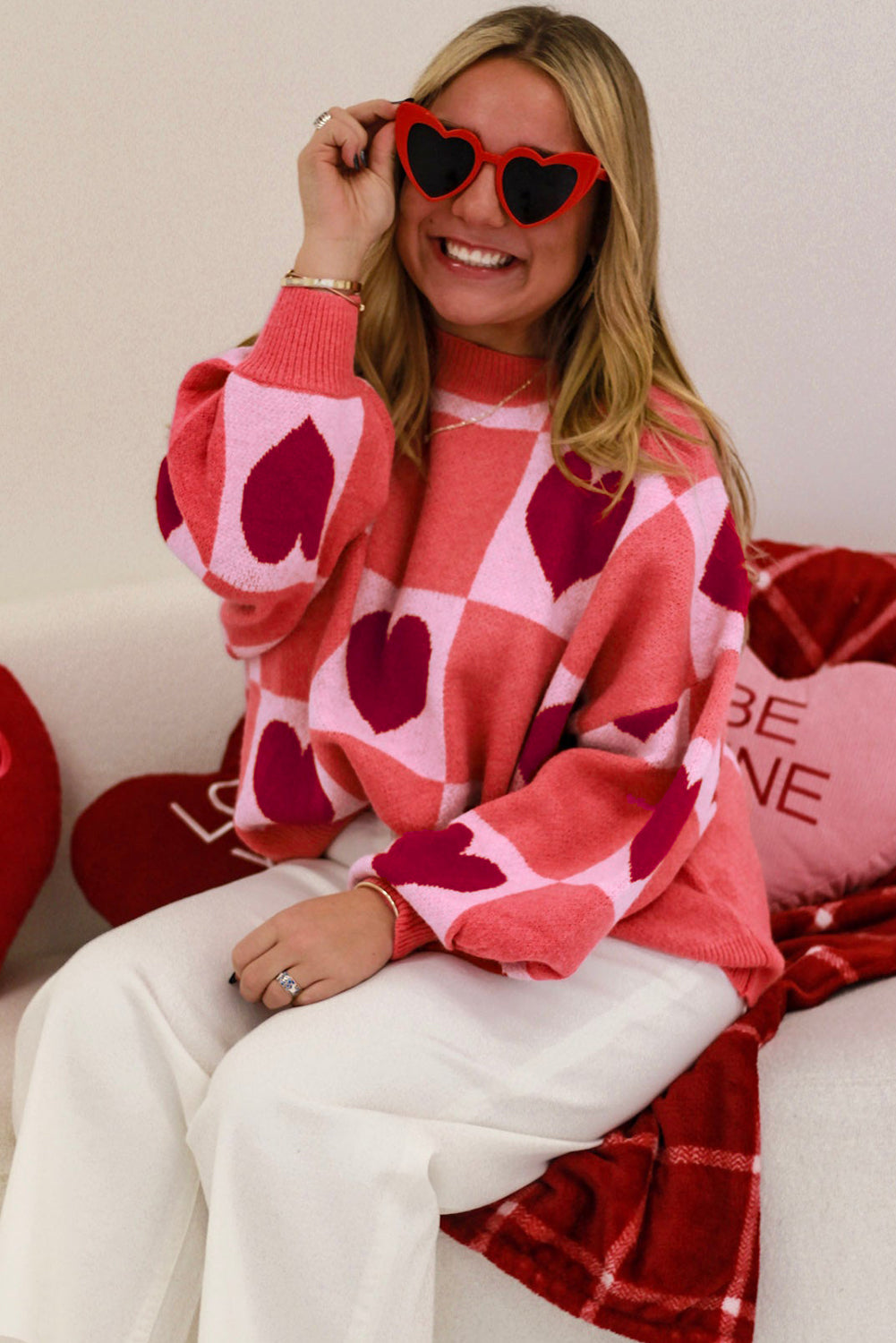 Pink Plus Size Love Heart Block Mock Neck Lantern Sleeve Valentine Sweater BB Fashion Outlet