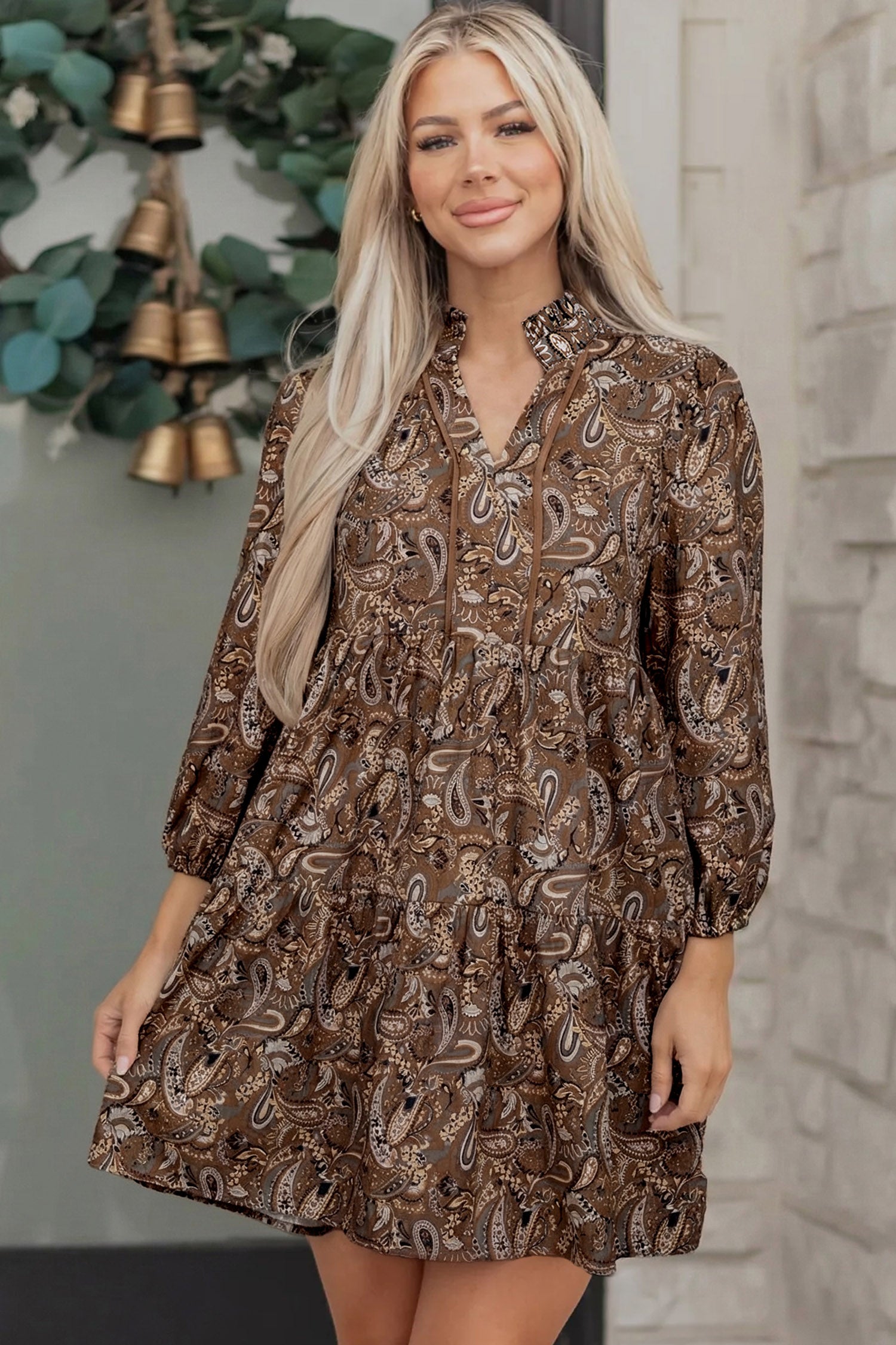 Paisley Print Half Buttons Puff Sleeve Flowy Short Dress