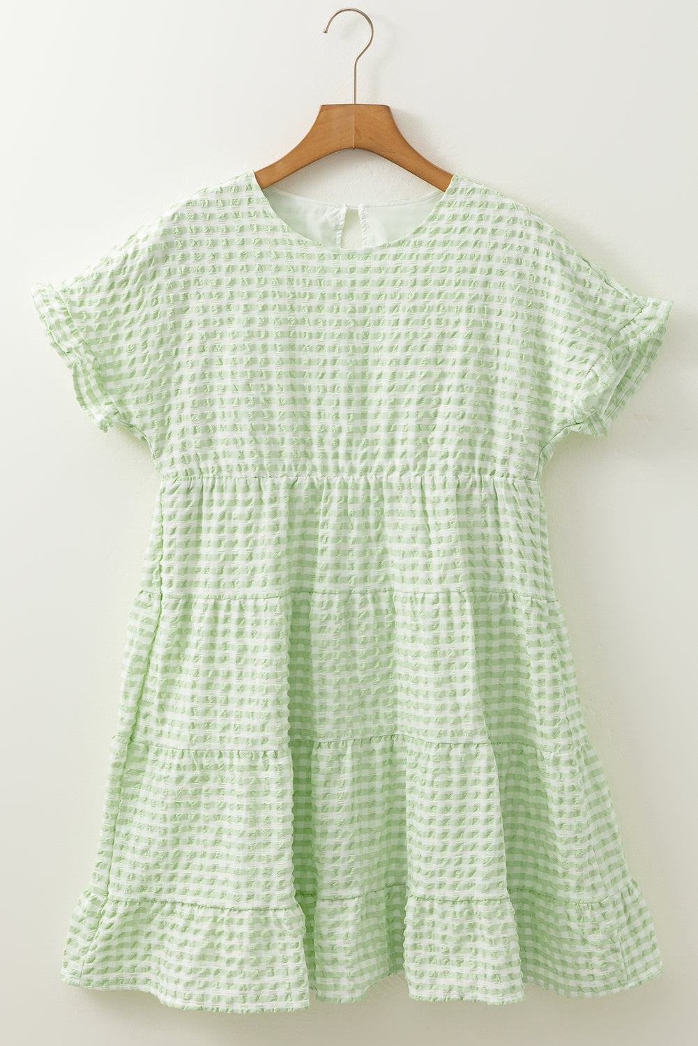Green Stripe Textured Tiered Short Sleeve Loose Mini Dress eAura